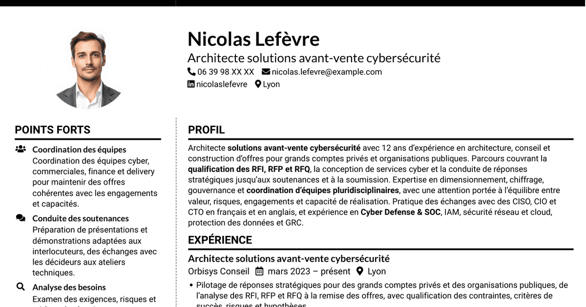 7 modèles de CV pour Architecte Solutions Avant-Vente Cybersécurité, avec exemples