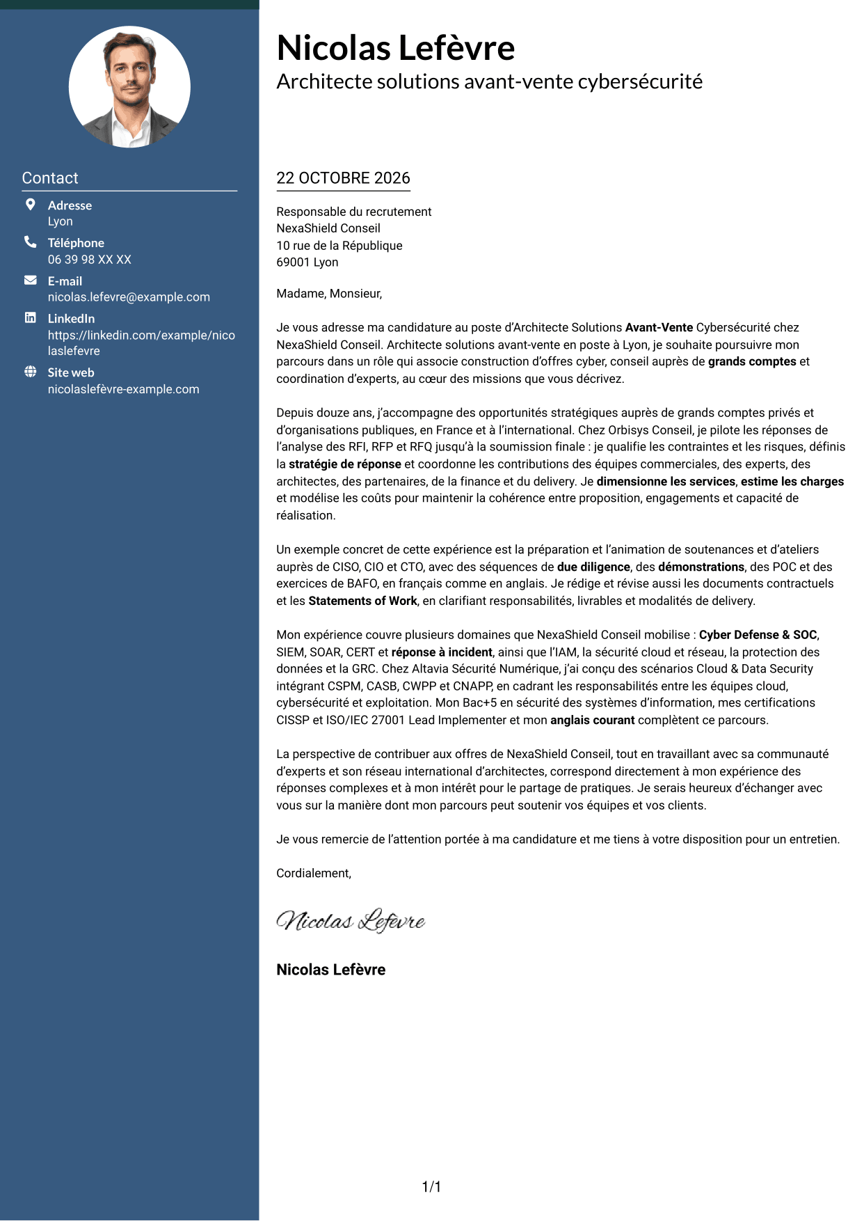 Lettre de motivation Élégant (format à colonne latérale colorée avec photo) : Architecte Solutions Avant-Vente Cybersécurité, page 1
