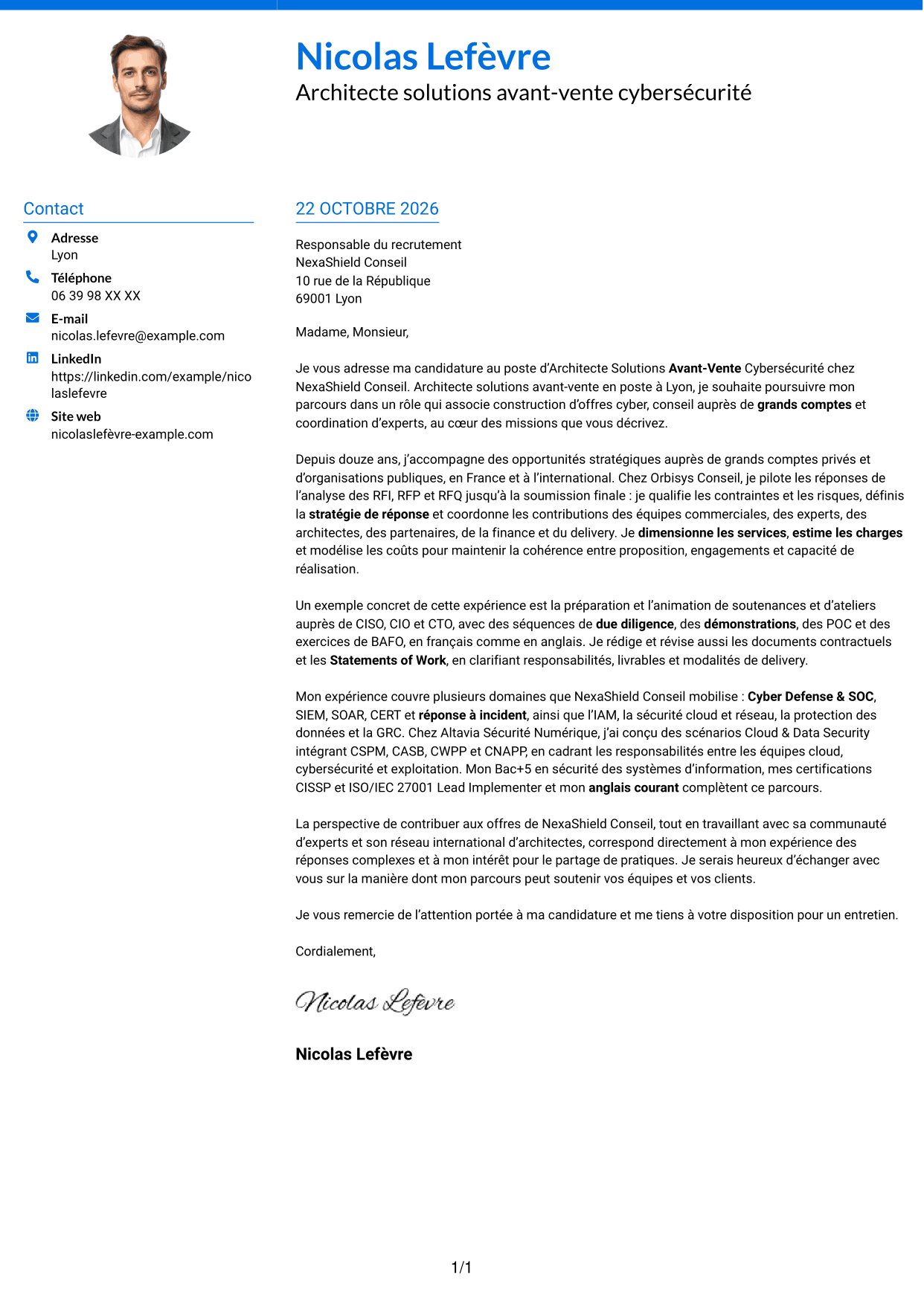 Lettre de motivation Audacieux (format à deux colonnes avec accents colorés et photo) : Architecte Solutions Avant-Vente Cybersécurité, page 1