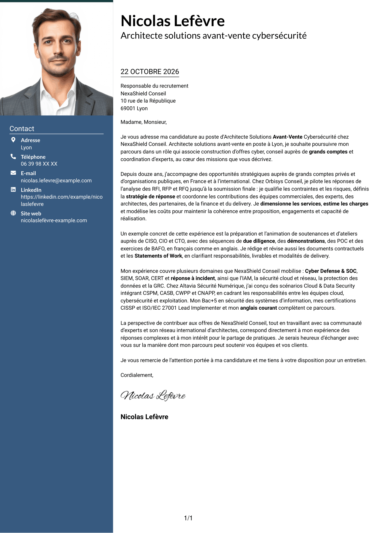 Lettre de motivation Signature (format à colonne latérale colorée avec grande photo) : Architecte Solutions Avant-Vente Cybersécurité, page 1