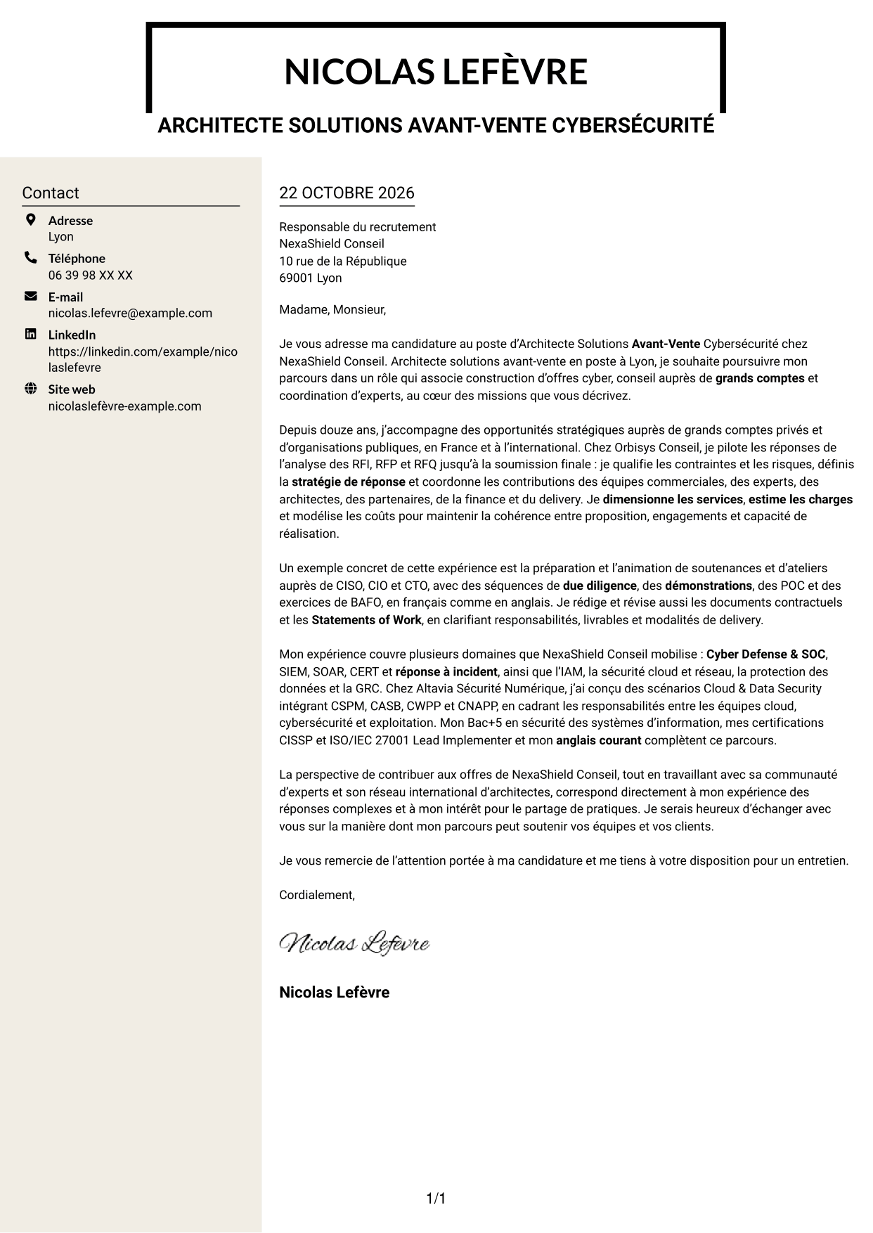 Lettre de motivation Fonceur (format à deux colonnes avec en-tête centré sans photo) : Architecte Solutions Avant-Vente Cybersécurité, page 1