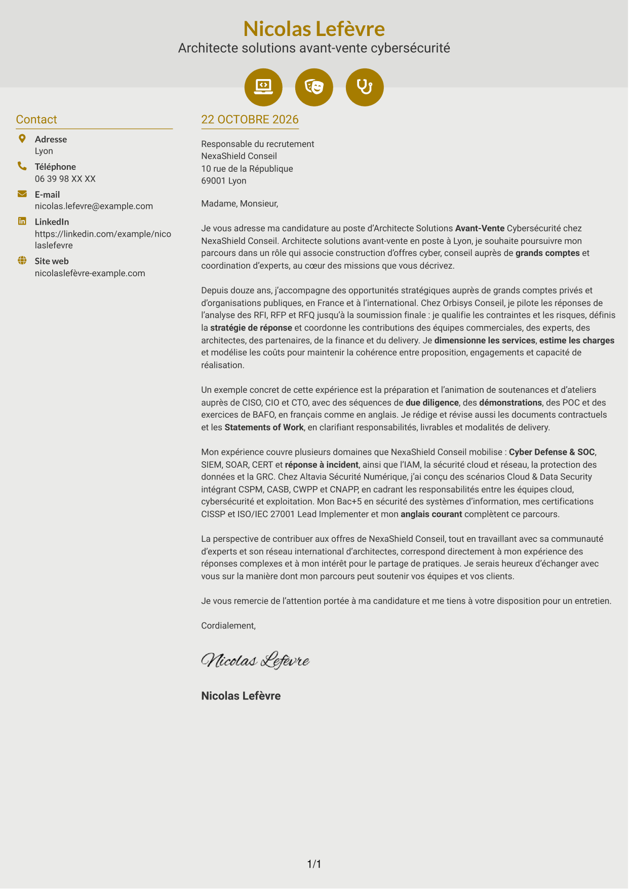 Lettre de motivation Dynamique (format à deux colonnes avec icônes) : Architecte Solutions Avant-Vente Cybersécurité, page 1