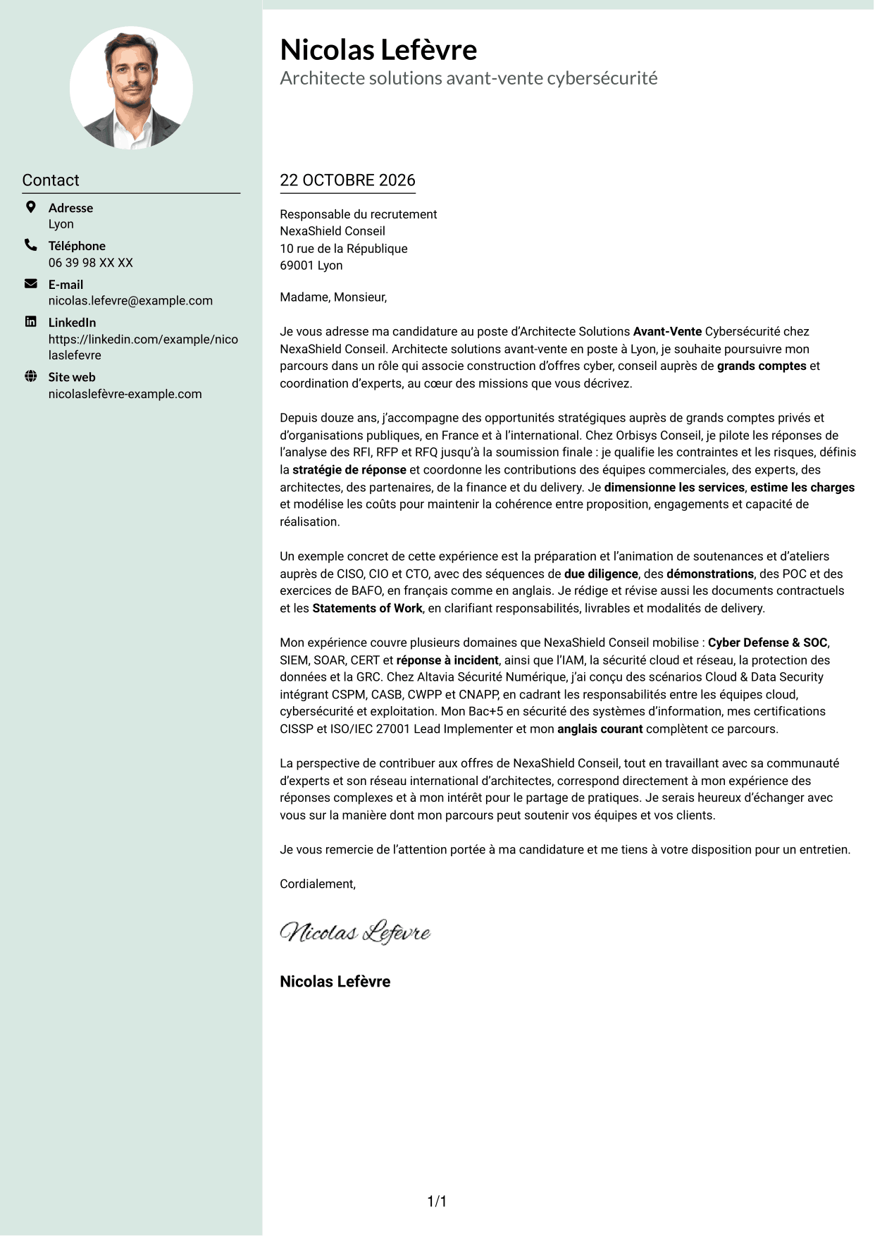 Lettre de motivation Cadre (format à colonne latérale douce avec photo arrondie) : Architecte Solutions Avant-Vente Cybersécurité, page 1
