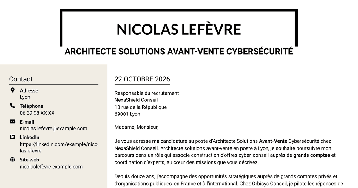 7 modèles de lettre de motivation pour Architecte Solutions Avant-Vente Cybersécurité, avec exemples