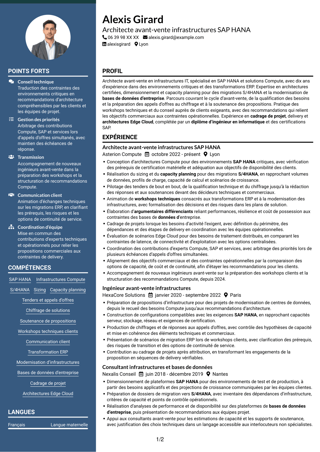 CV Élégant (format à colonne latérale colorée avec photo) : Architecte solutions avant-vente SAP HANA, page 1