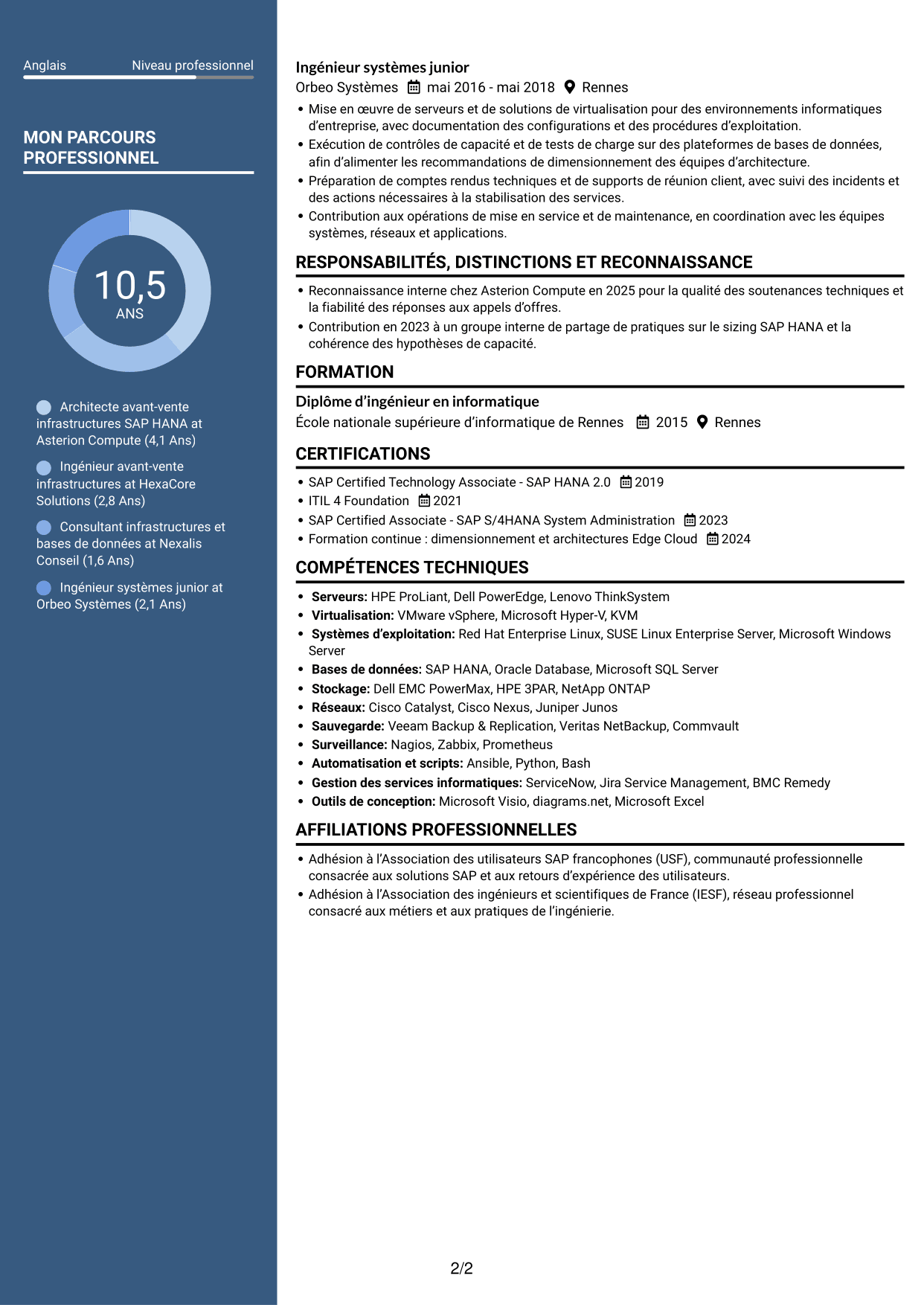 CV Élégant (format à colonne latérale colorée avec photo) : Architecte solutions avant-vente SAP HANA, page 2