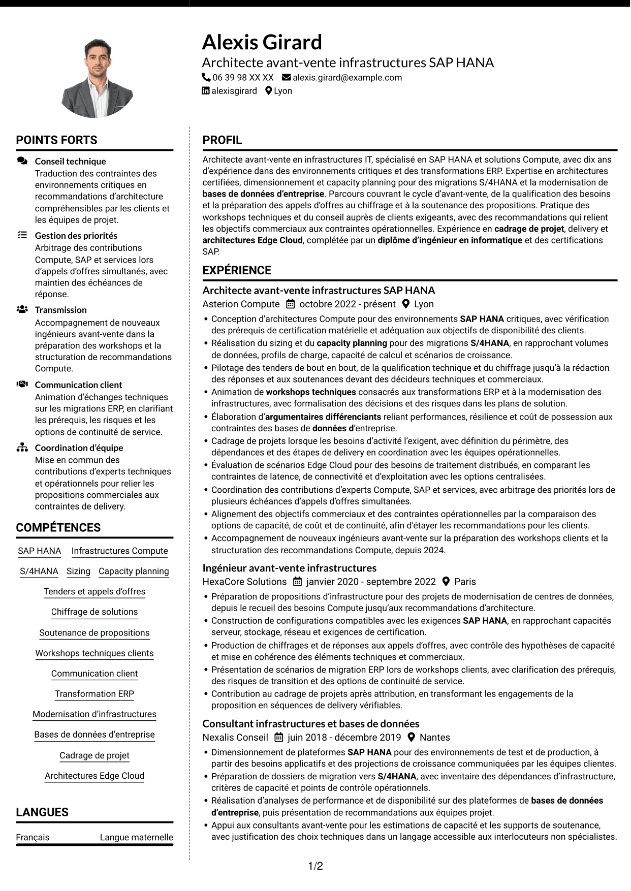 CV Moderne (format à deux colonnes avec photo à gauche et séparateur) : Architecte solutions avant-vente SAP HANA, page 1