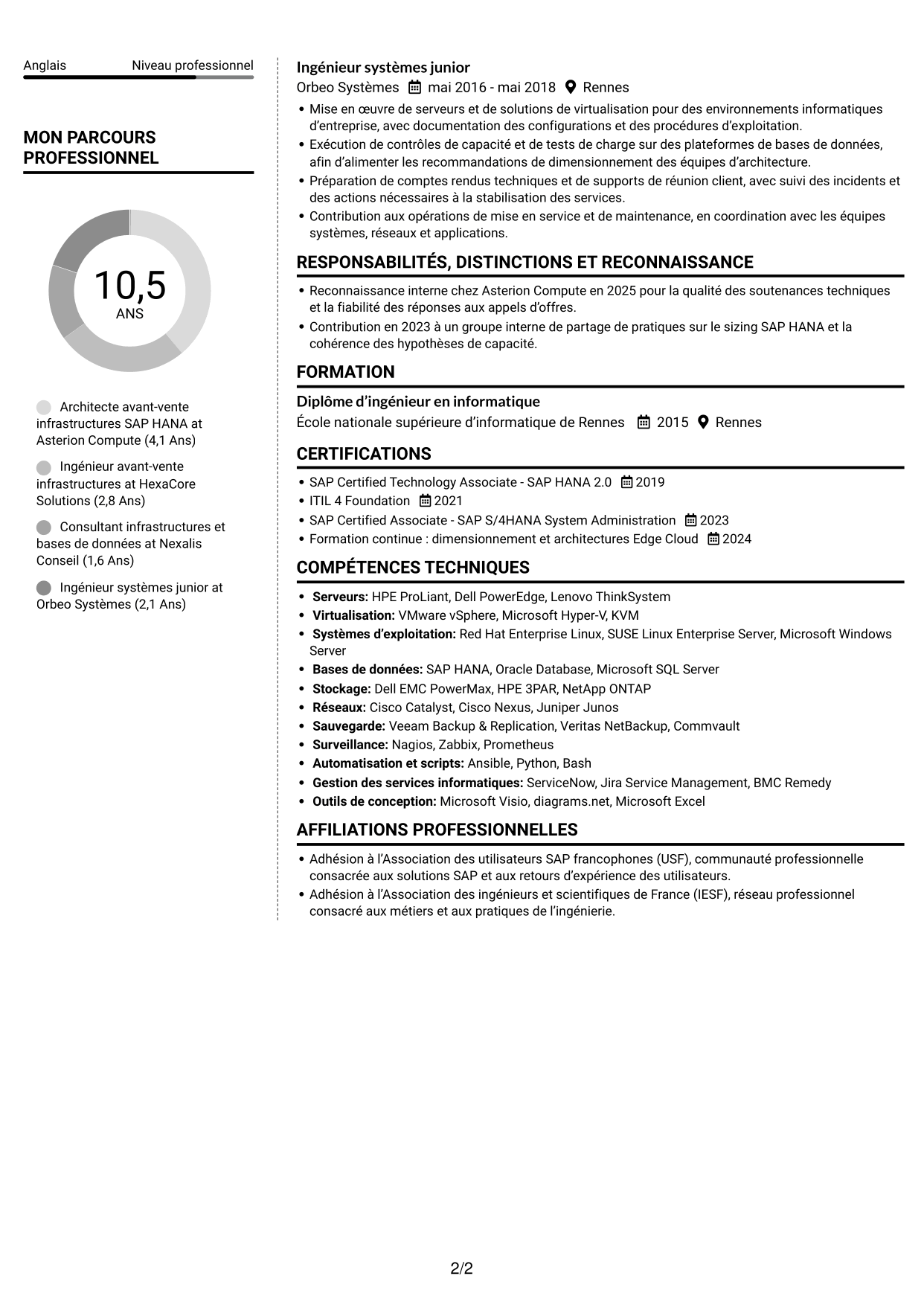 CV Moderne (format à deux colonnes avec photo à gauche et séparateur) : Architecte solutions avant-vente SAP HANA, page 2