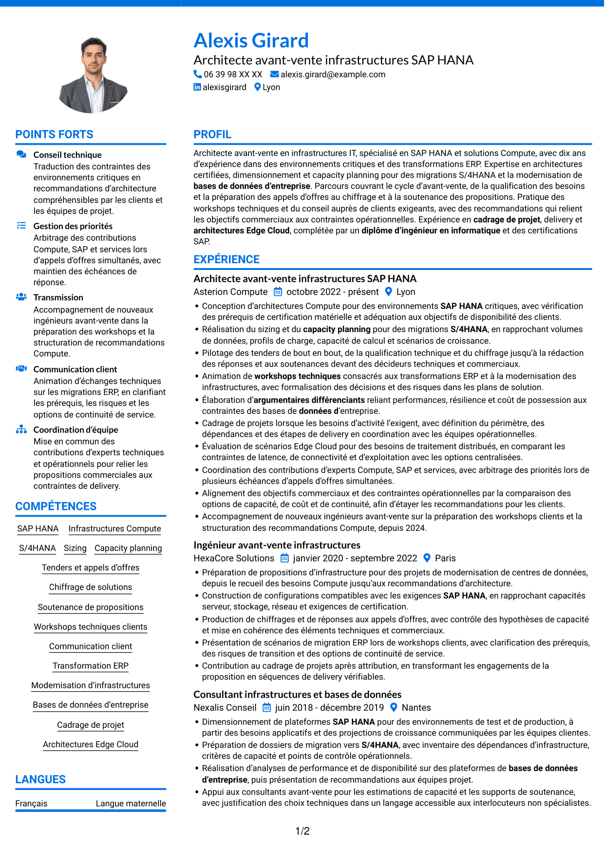 CV Audacieux (format à deux colonnes avec accents colorés et photo) : Architecte solutions avant-vente SAP HANA, page 1