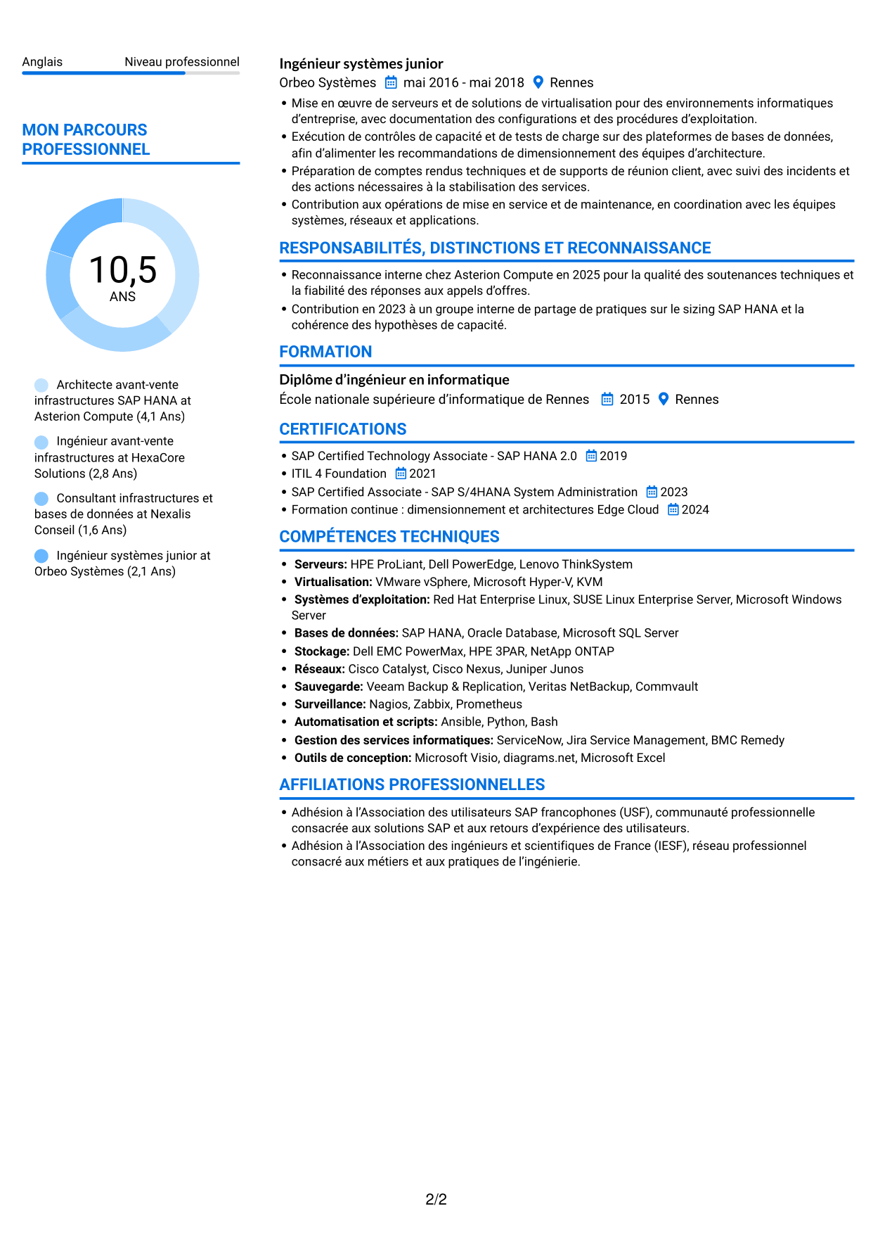 CV Audacieux (format à deux colonnes avec accents colorés et photo) : Architecte solutions avant-vente SAP HANA, page 2