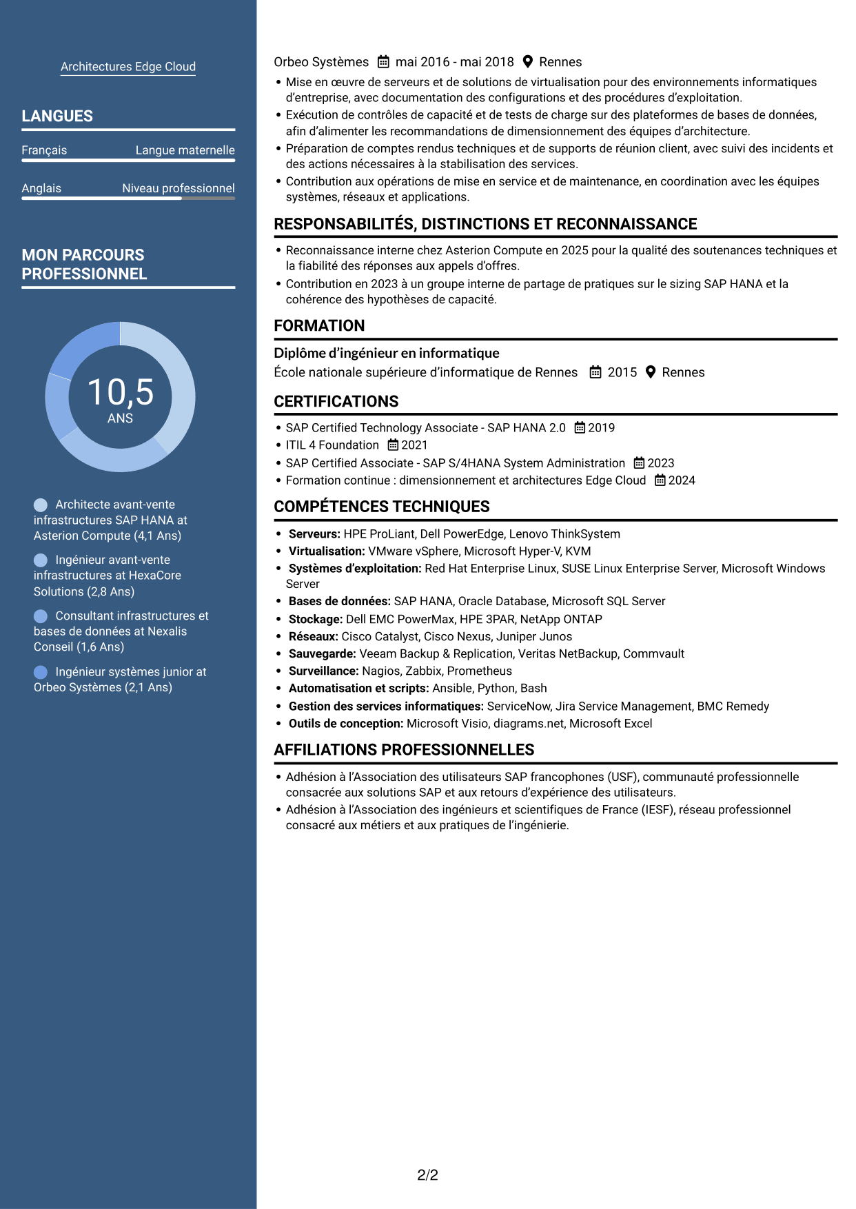 CV Signature (format à colonne latérale colorée avec grande photo) : Architecte solutions avant-vente SAP HANA, page 2