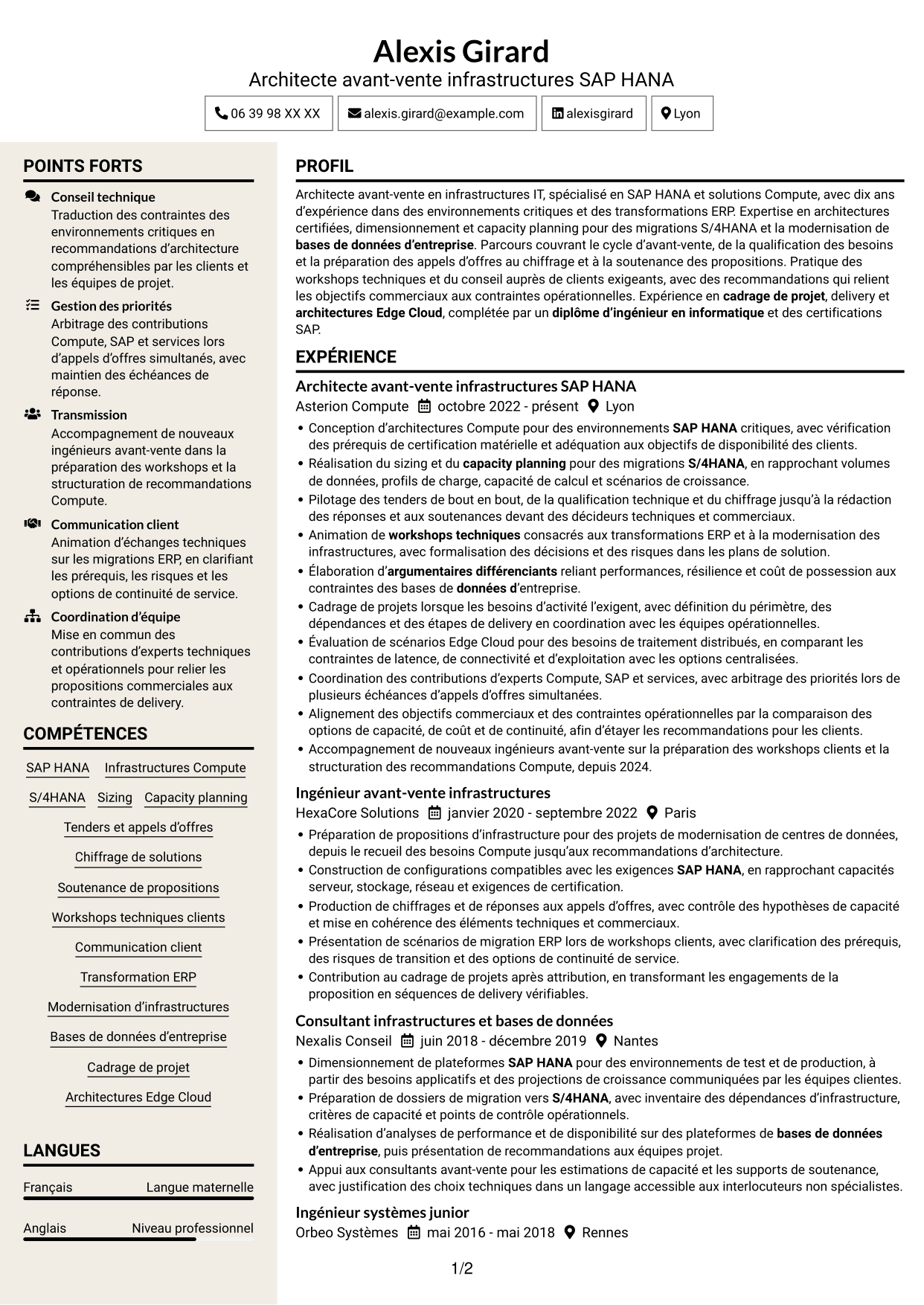 CV Fonceur (format à deux colonnes avec en-tête centré sans photo) : Architecte solutions avant-vente SAP HANA, page 1