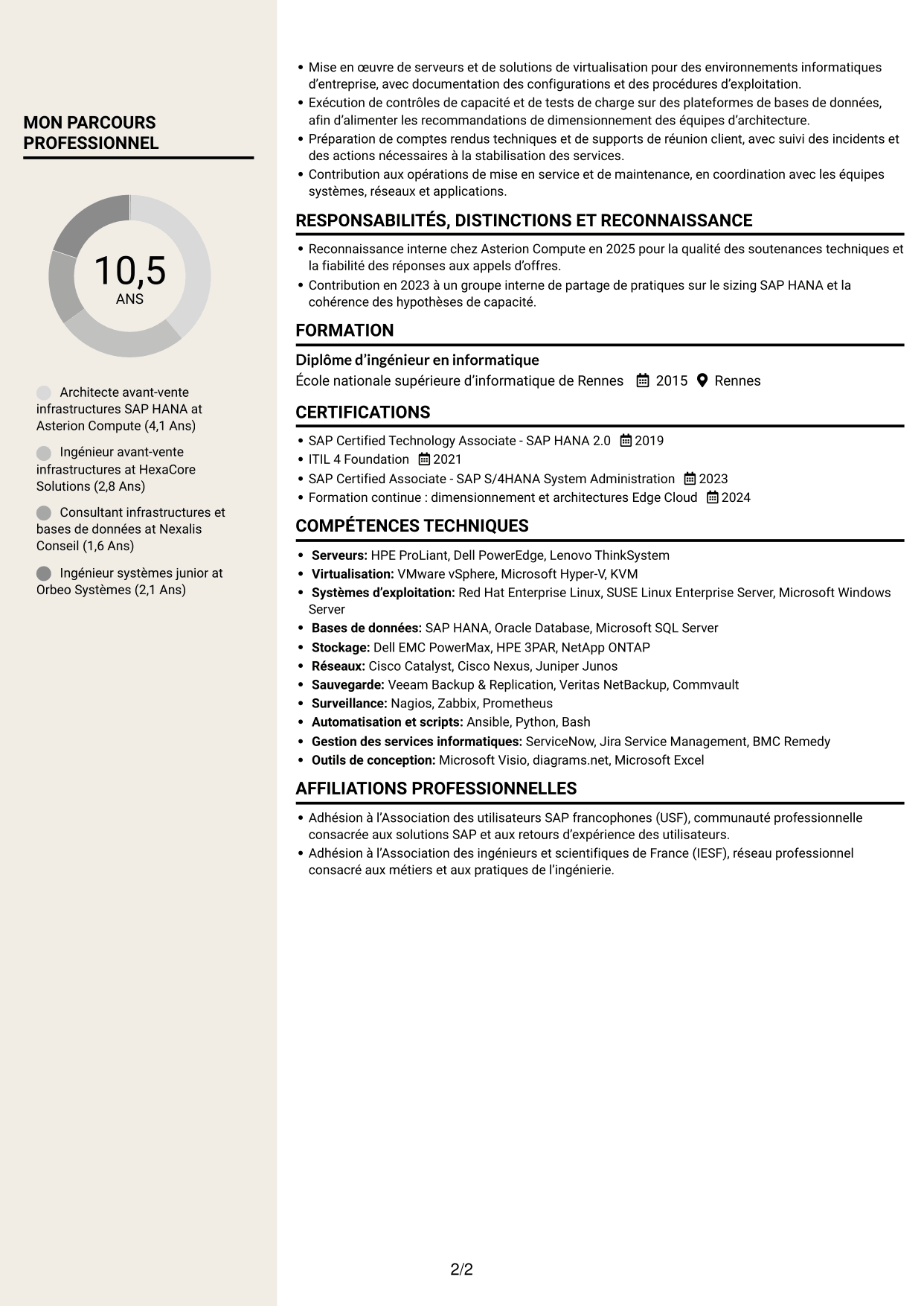 CV Fonceur (format à deux colonnes avec en-tête centré sans photo) : Architecte solutions avant-vente SAP HANA, page 2