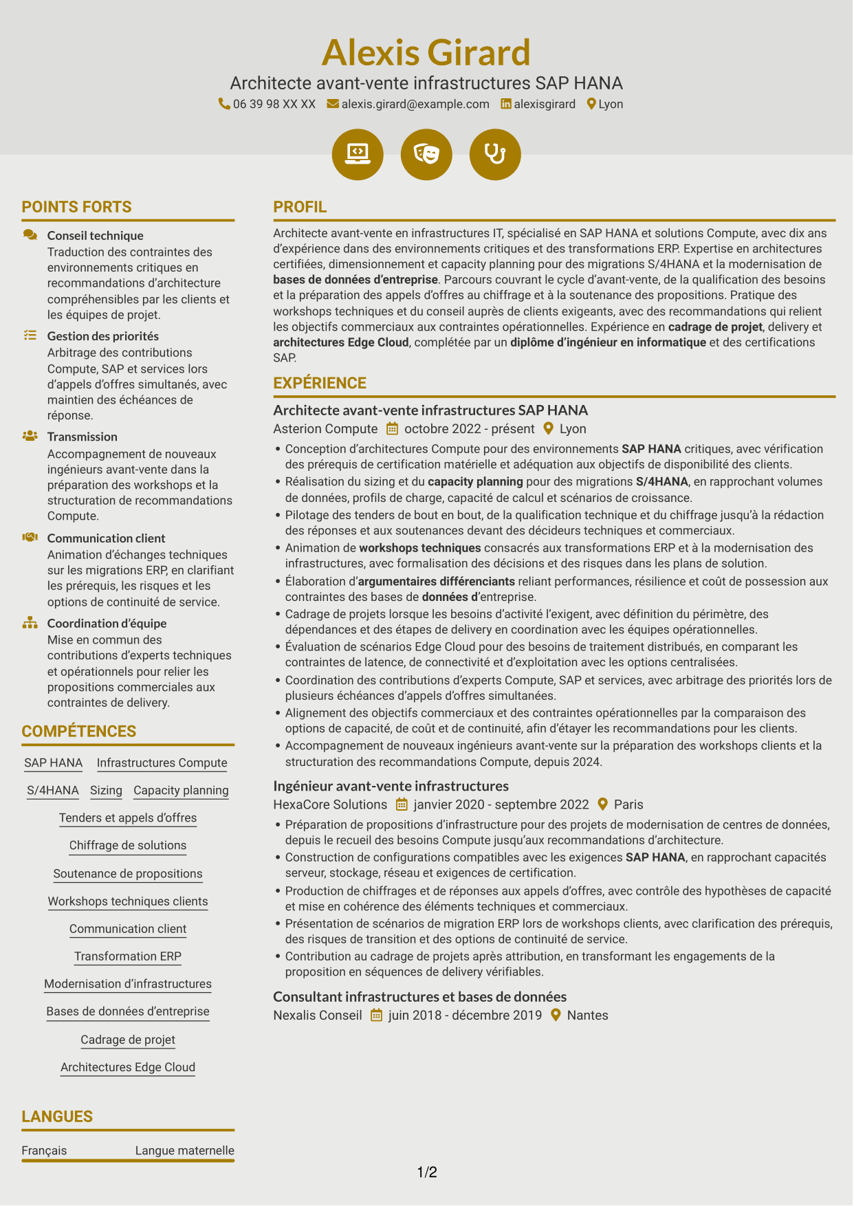 CV Dynamique (format à deux colonnes avec icônes) : Architecte solutions avant-vente SAP HANA, page 1