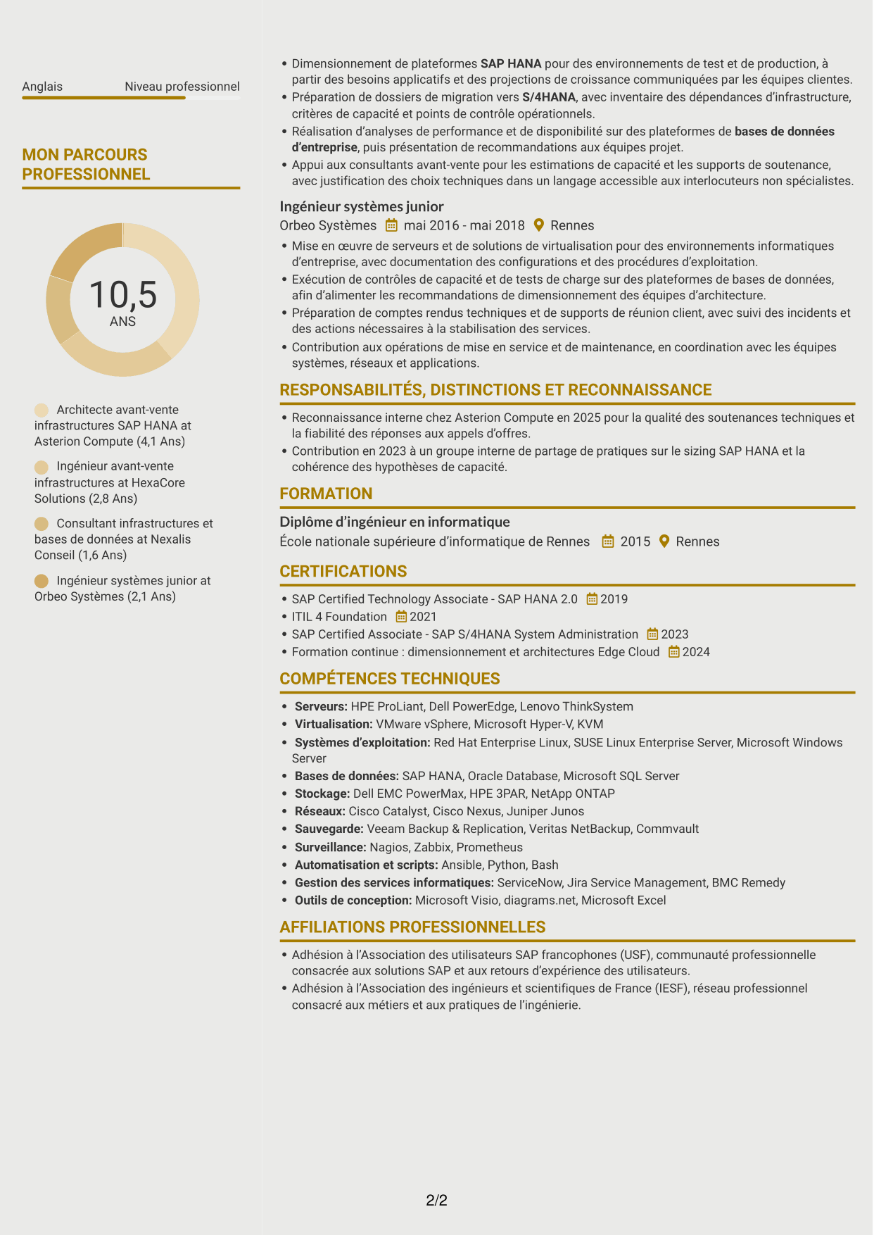 CV Dynamique (format à deux colonnes avec icônes) : Architecte solutions avant-vente SAP HANA, page 2
