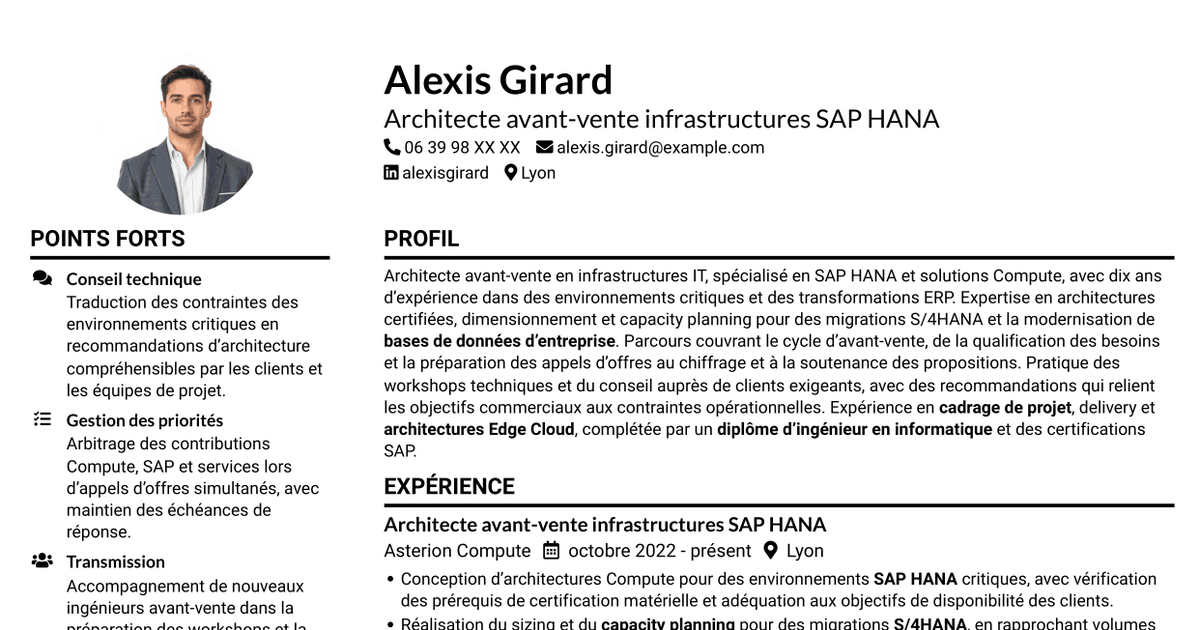 7 modèles de CV pour Architecte solutions avant-vente SAP HANA, avec exemples