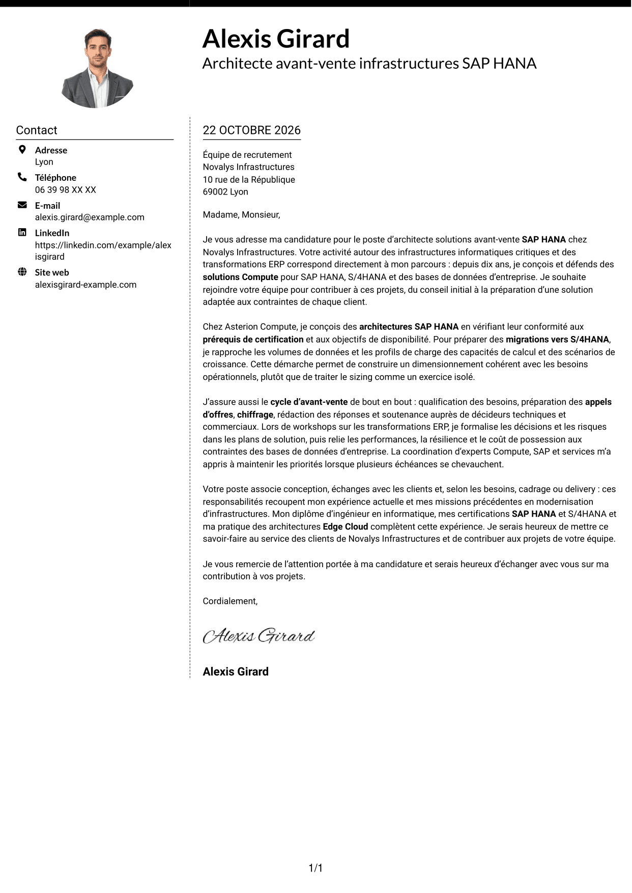 Lettre de motivation Moderne (format à deux colonnes avec photo à gauche et séparateur) : Architecte solutions avant-vente SAP HANA, page 1