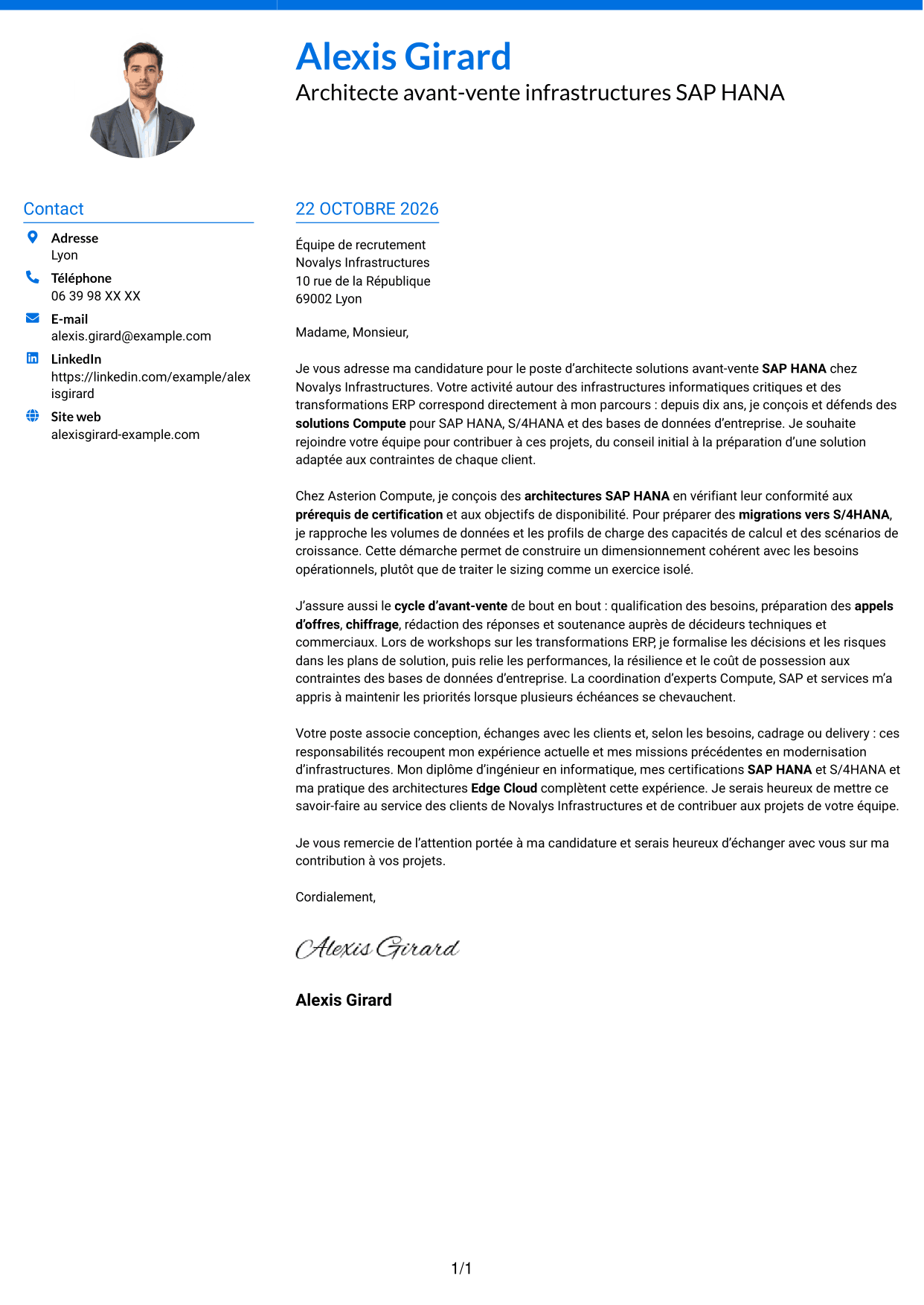 Lettre de motivation Audacieux (format à deux colonnes avec accents colorés et photo) : Architecte solutions avant-vente SAP HANA, page 1