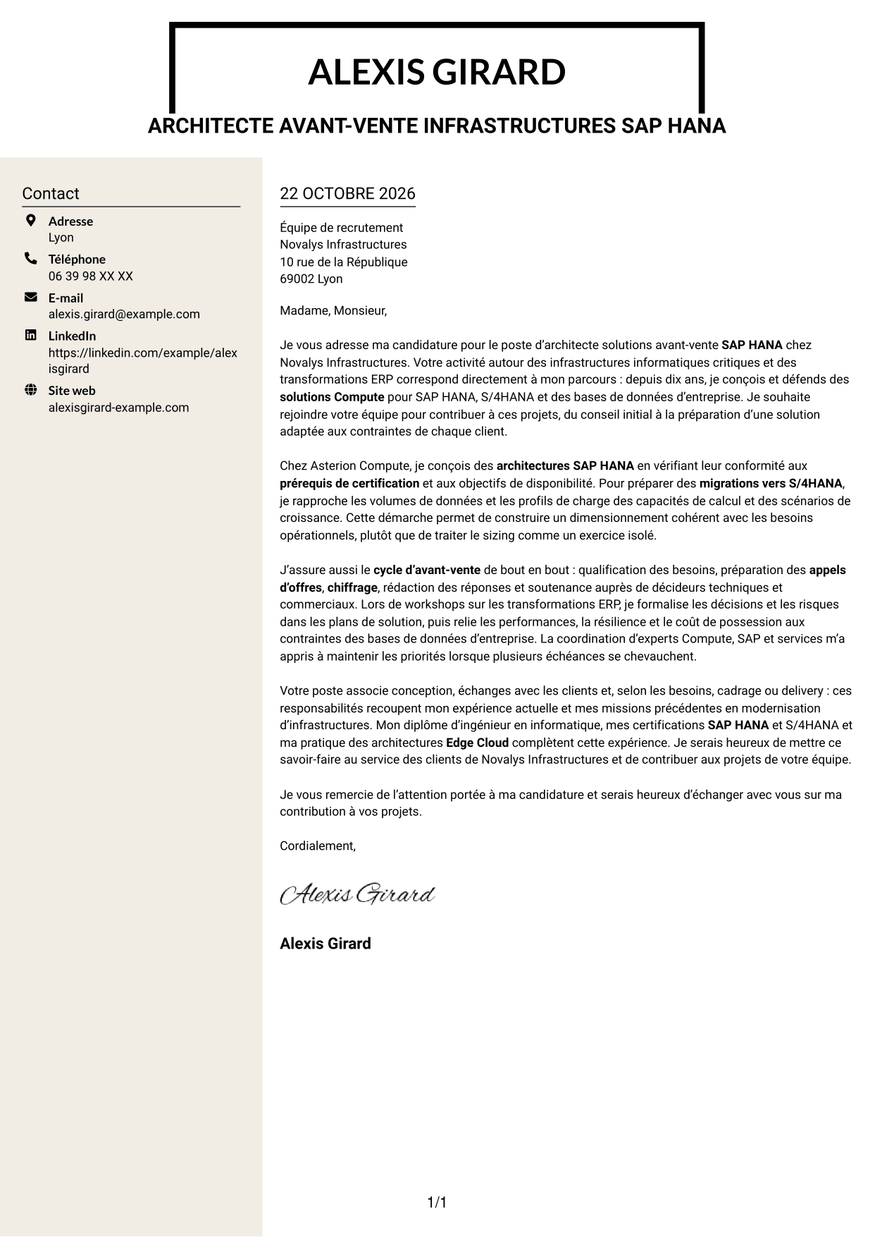 Lettre de motivation Fonceur (format à deux colonnes avec en-tête centré sans photo) : Architecte solutions avant-vente SAP HANA, page 1