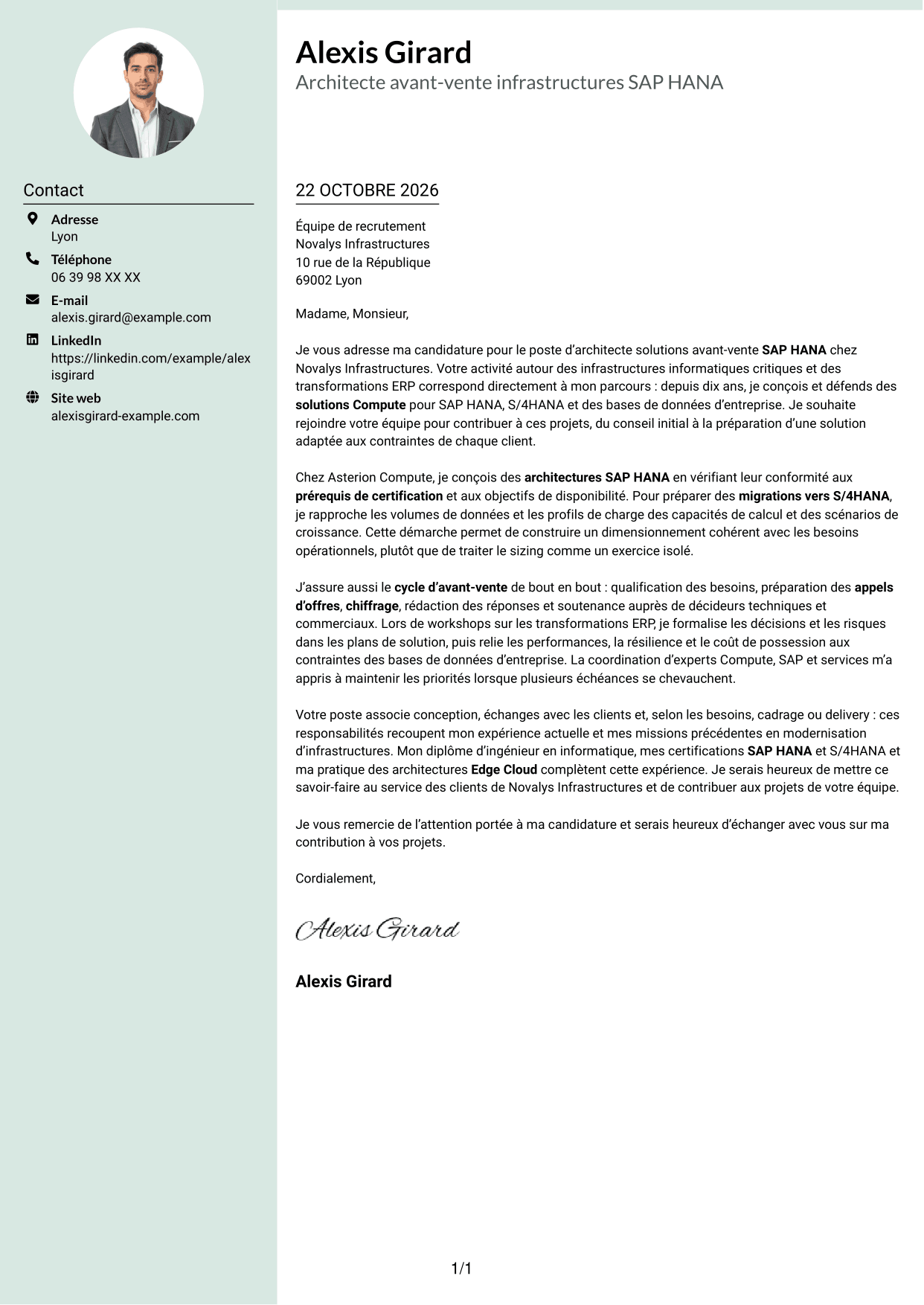 Lettre de motivation Cadre (format à colonne latérale douce avec photo arrondie) : Architecte solutions avant-vente SAP HANA, page 1