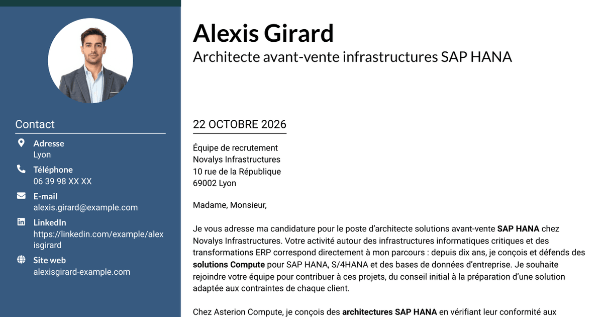 7 modèles de lettre de motivation pour Architecte solutions avant-vente SAP HANA, avec exemples