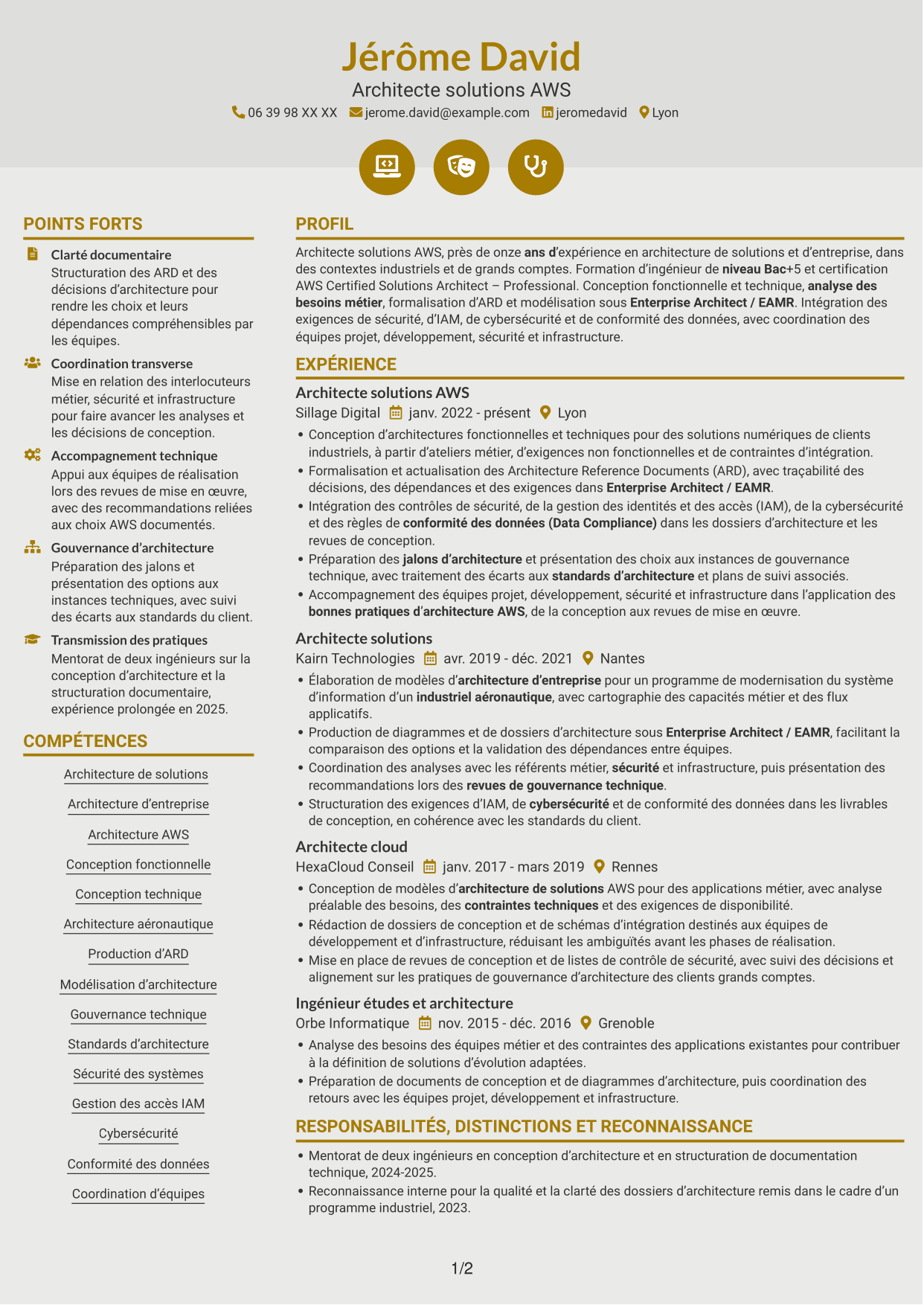 CV Dynamique (format à deux colonnes avec icônes) : Architecte Solutions AWS, page 1