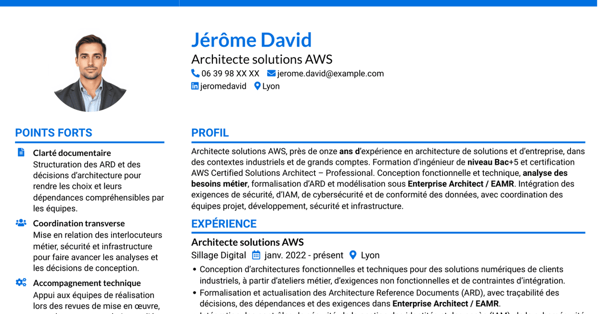 7 modèles de CV pour Architecte Solutions AWS, avec exemples