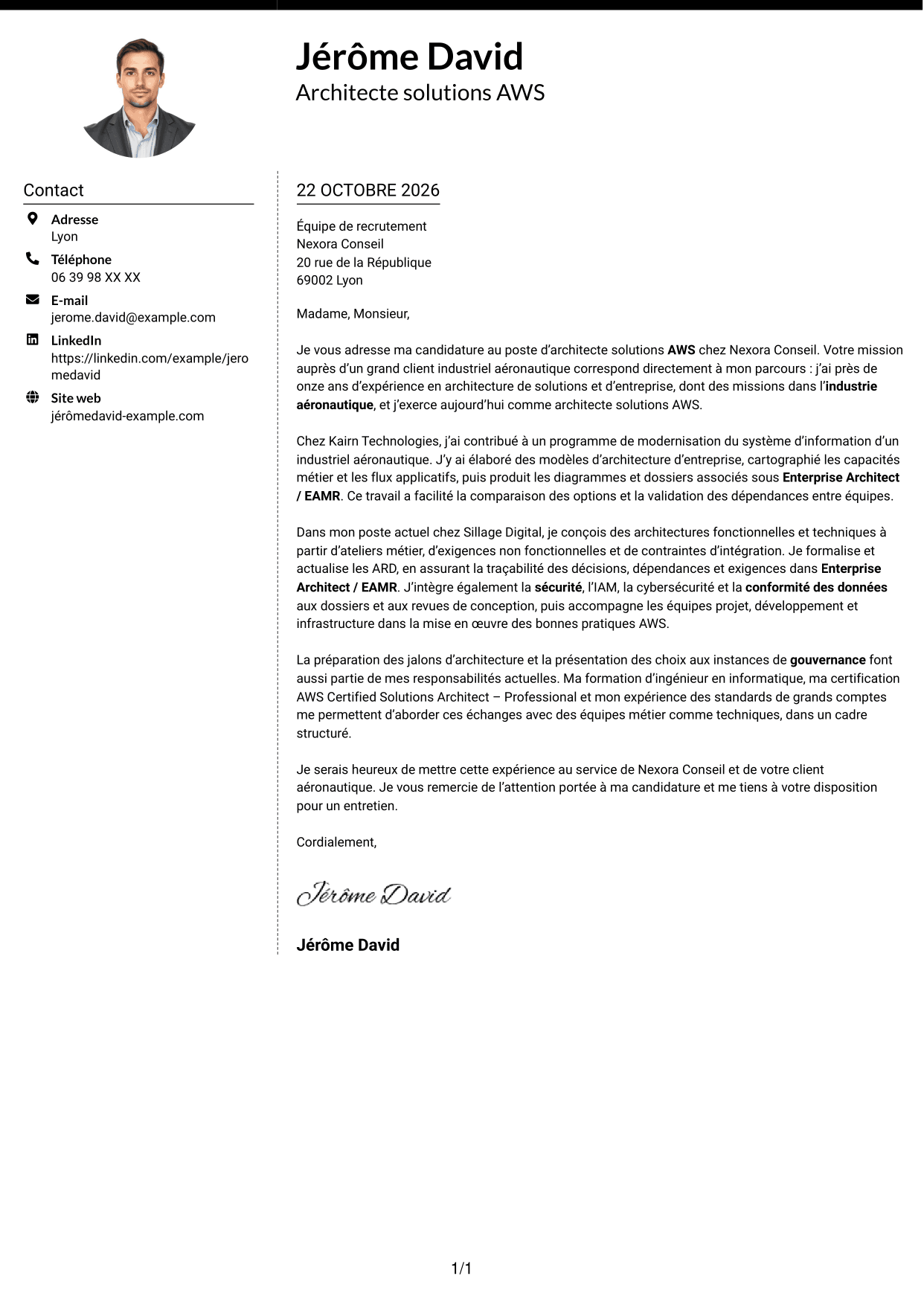 Lettre de motivation Moderne (format à deux colonnes avec photo à gauche et séparateur) : Architecte Solutions AWS, page 1