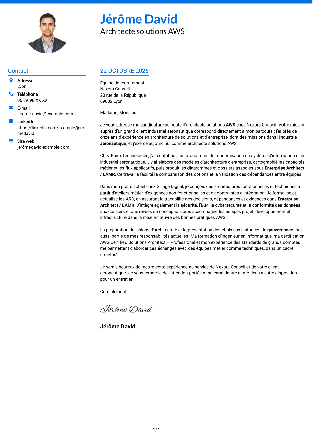 Lettre de motivation Audacieux (format à deux colonnes avec accents colorés et photo) : Architecte Solutions AWS, page 1