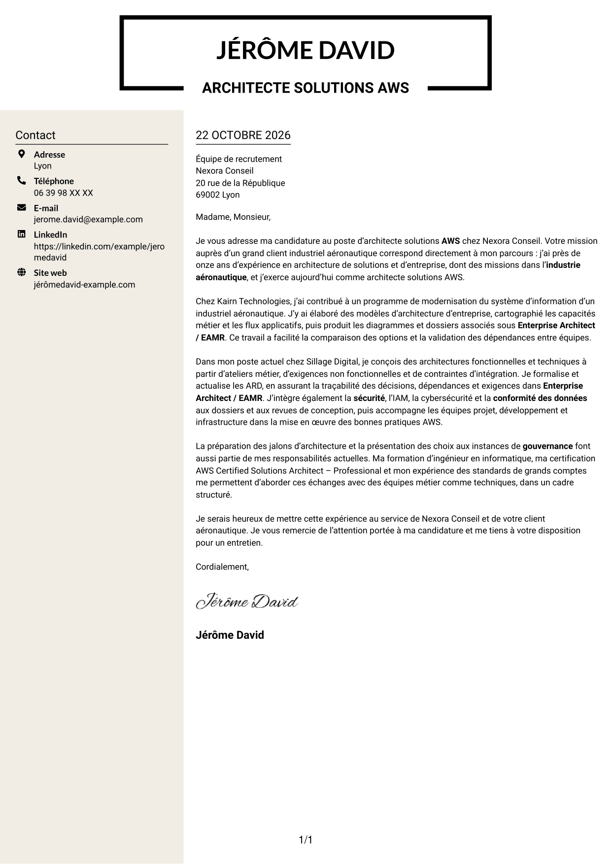Lettre de motivation Fonceur (format à deux colonnes avec en-tête centré sans photo) : Architecte Solutions AWS, page 1