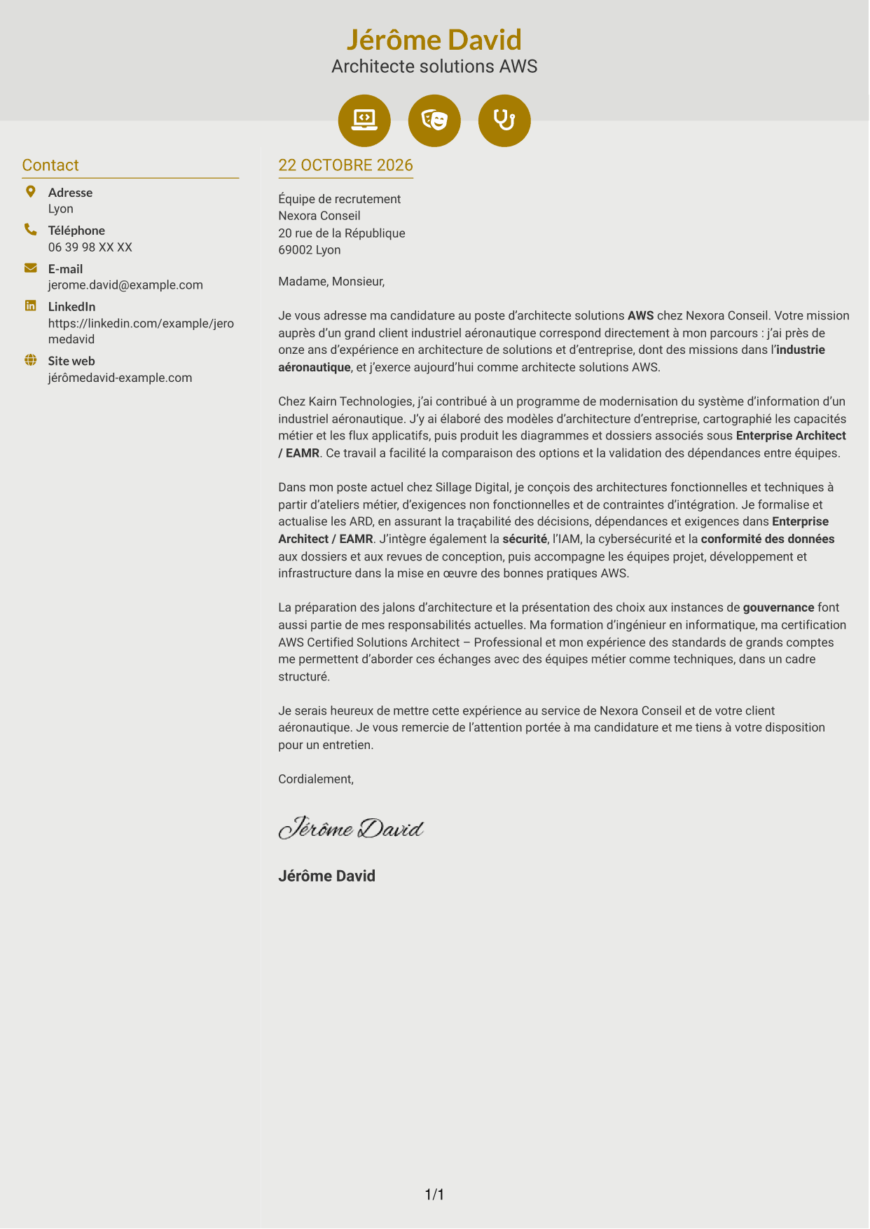 Lettre de motivation Dynamique (format à deux colonnes avec icônes) : Architecte Solutions AWS, page 1
