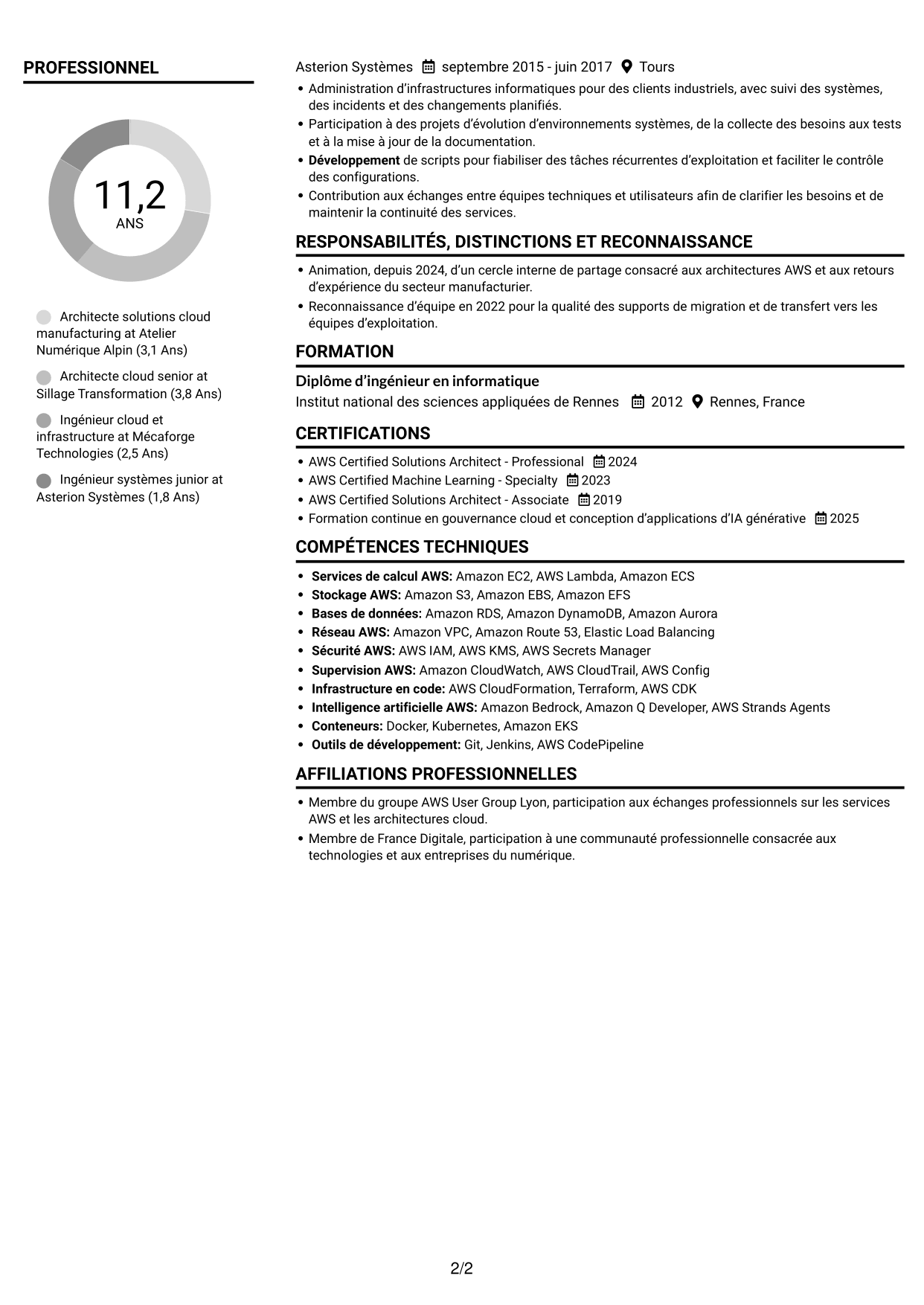 CV Compact (format sobre à deux colonnes avec photo) : Architecte solutions AWS - Manufacturing, page 2
