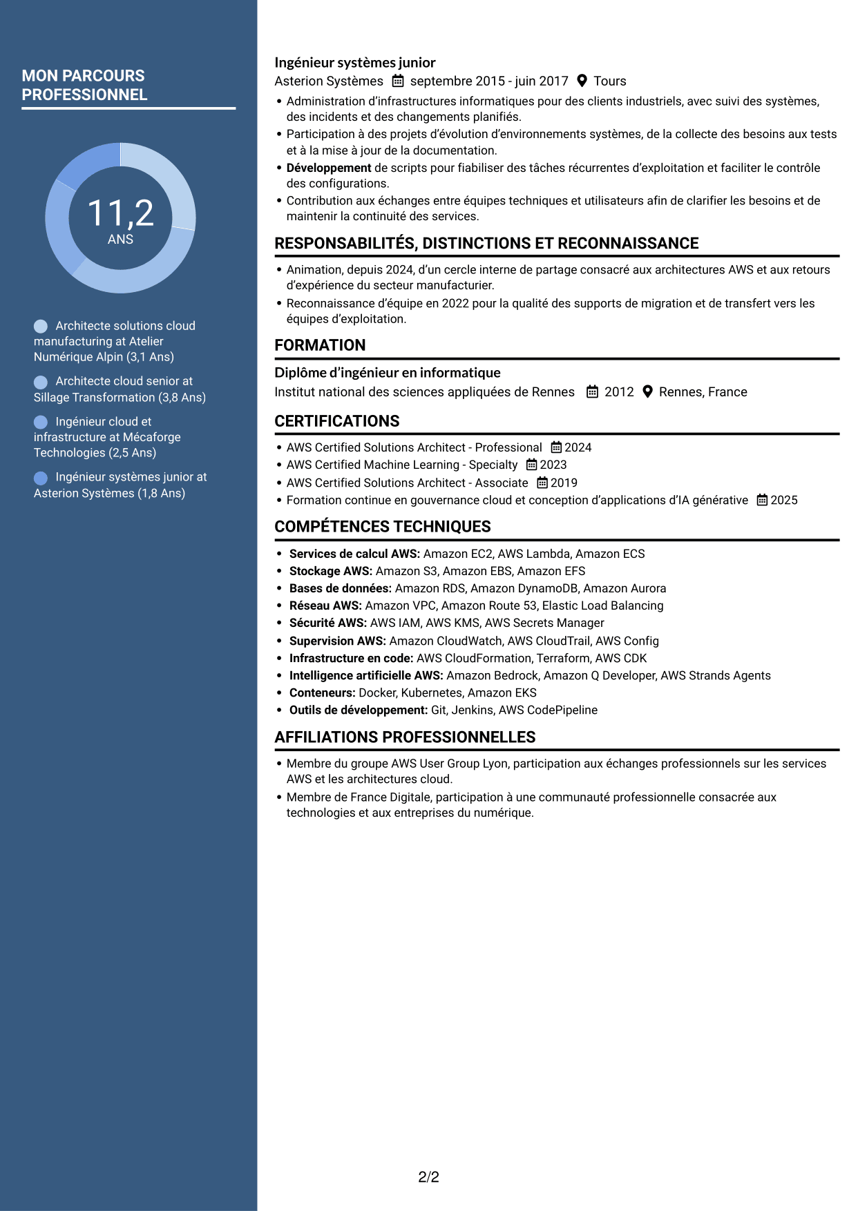 CV Élégant (format à colonne latérale colorée avec photo) : Architecte solutions AWS - Manufacturing, page 2