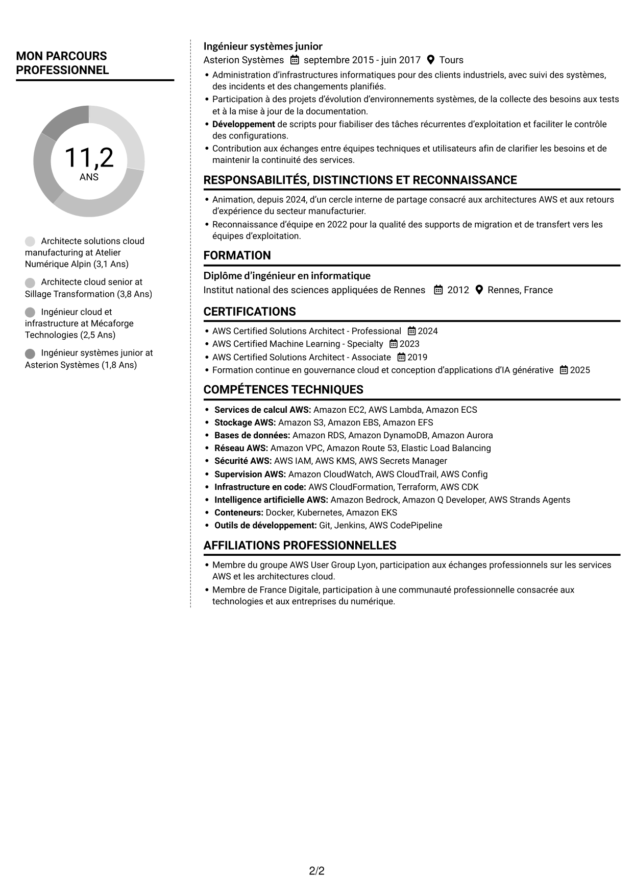 CV Moderne (format à deux colonnes avec photo à gauche et séparateur) : Architecte solutions AWS - Manufacturing, page 2
