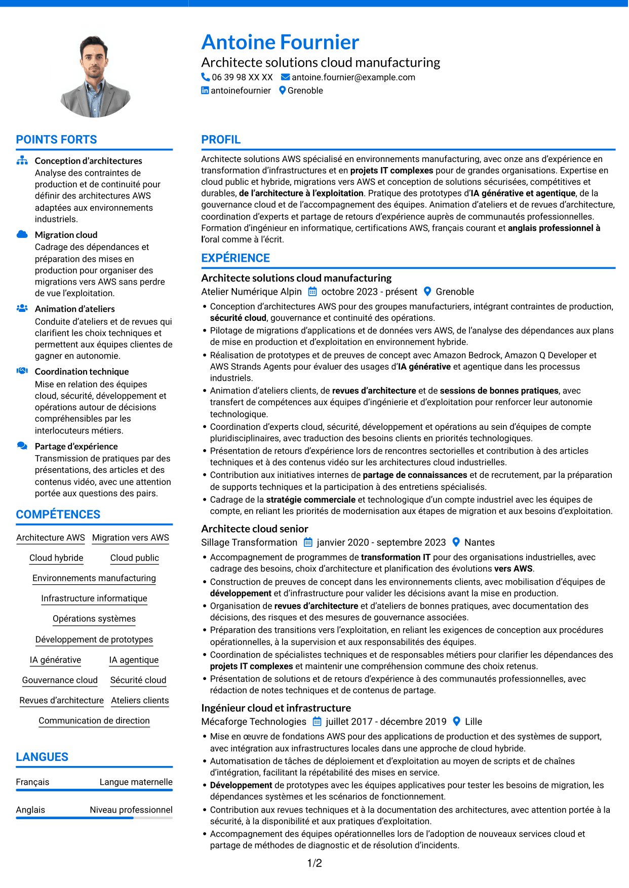 CV Audacieux (format à deux colonnes avec accents colorés et photo) : Architecte solutions AWS - Manufacturing, page 1