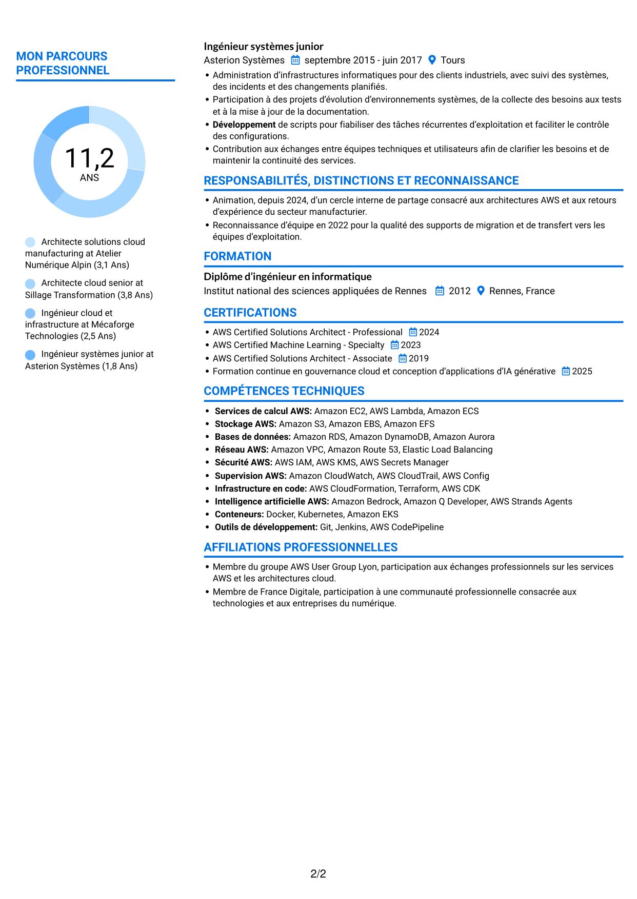 CV Audacieux (format à deux colonnes avec accents colorés et photo) : Architecte solutions AWS - Manufacturing, page 2