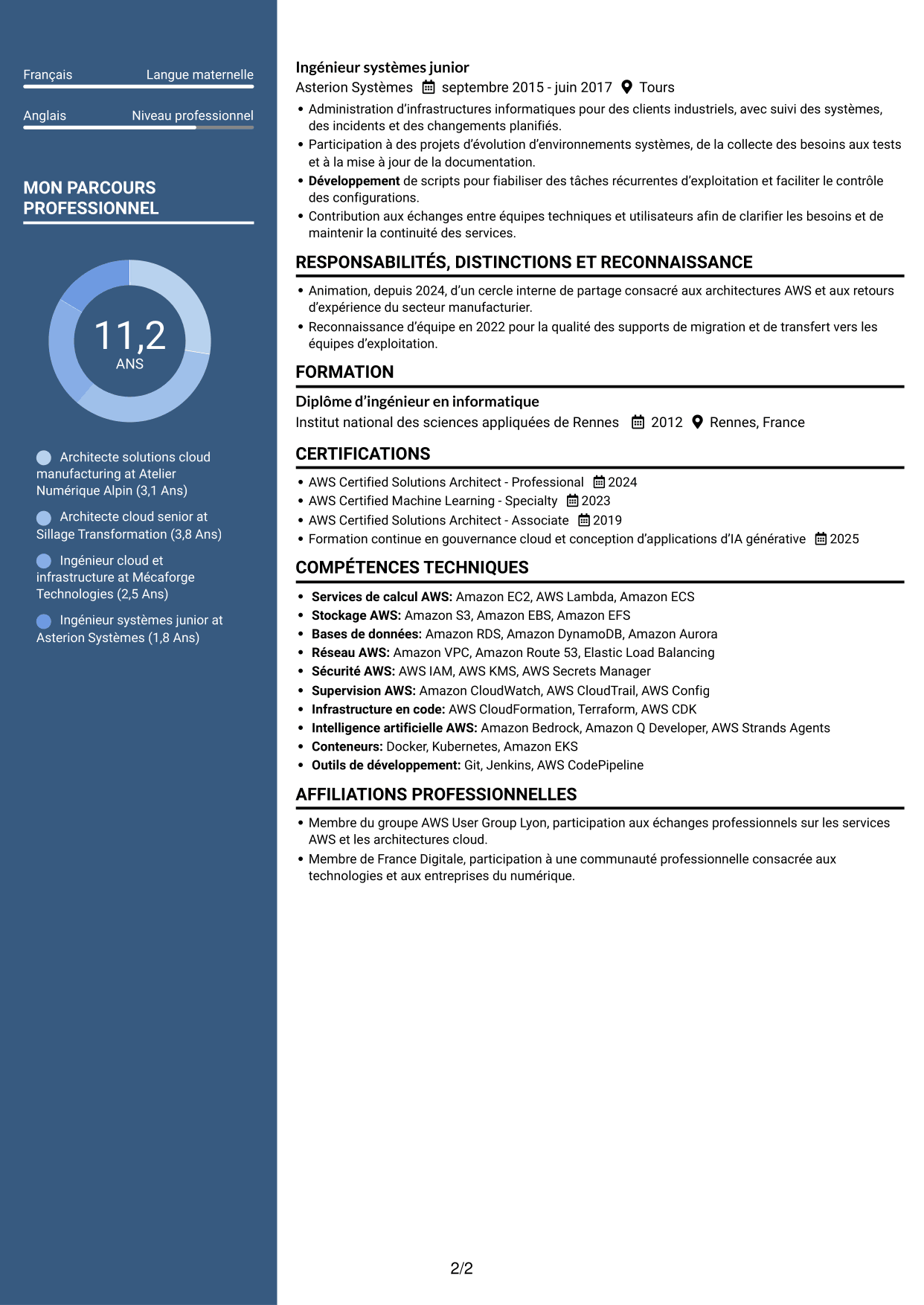 CV Signature (format à colonne latérale colorée avec grande photo) : Architecte solutions AWS - Manufacturing, page 2
