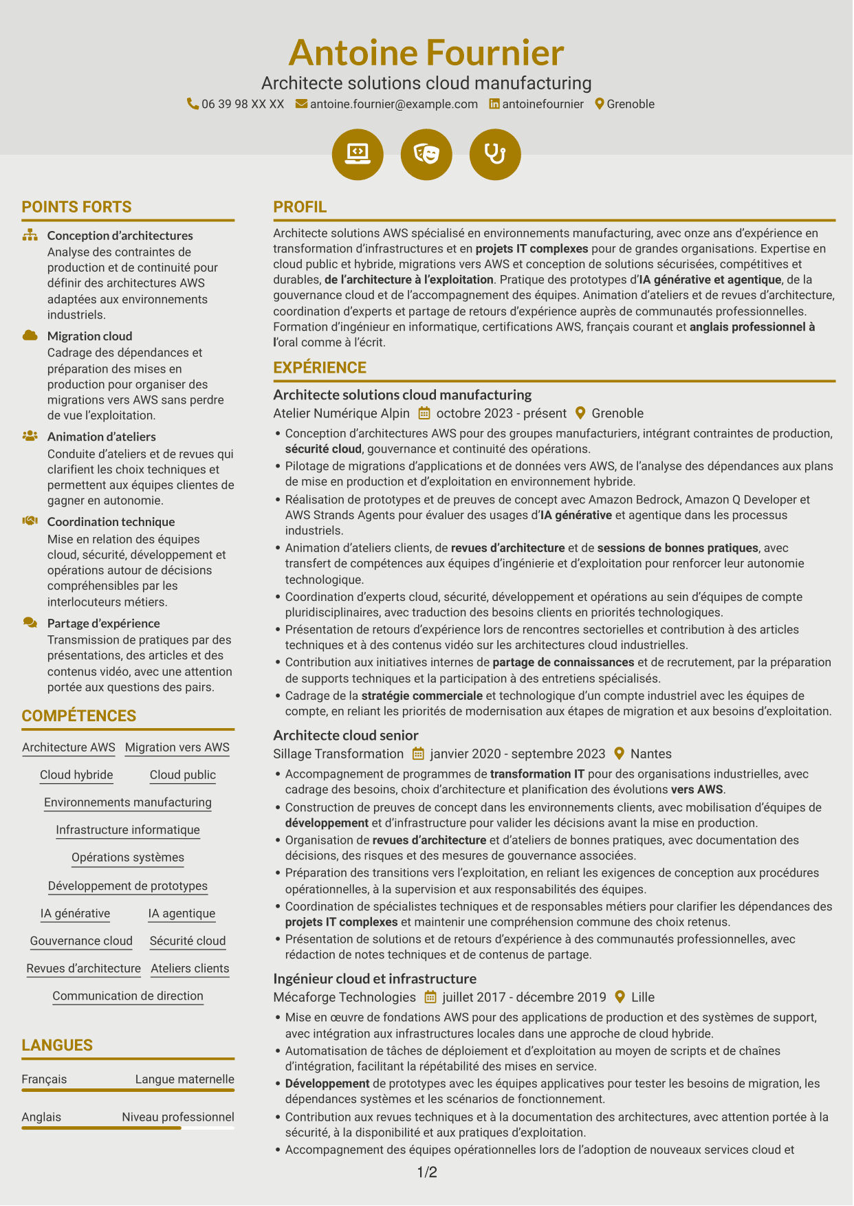 CV Dynamique (format à deux colonnes avec icônes) : Architecte solutions AWS - Manufacturing, page 1