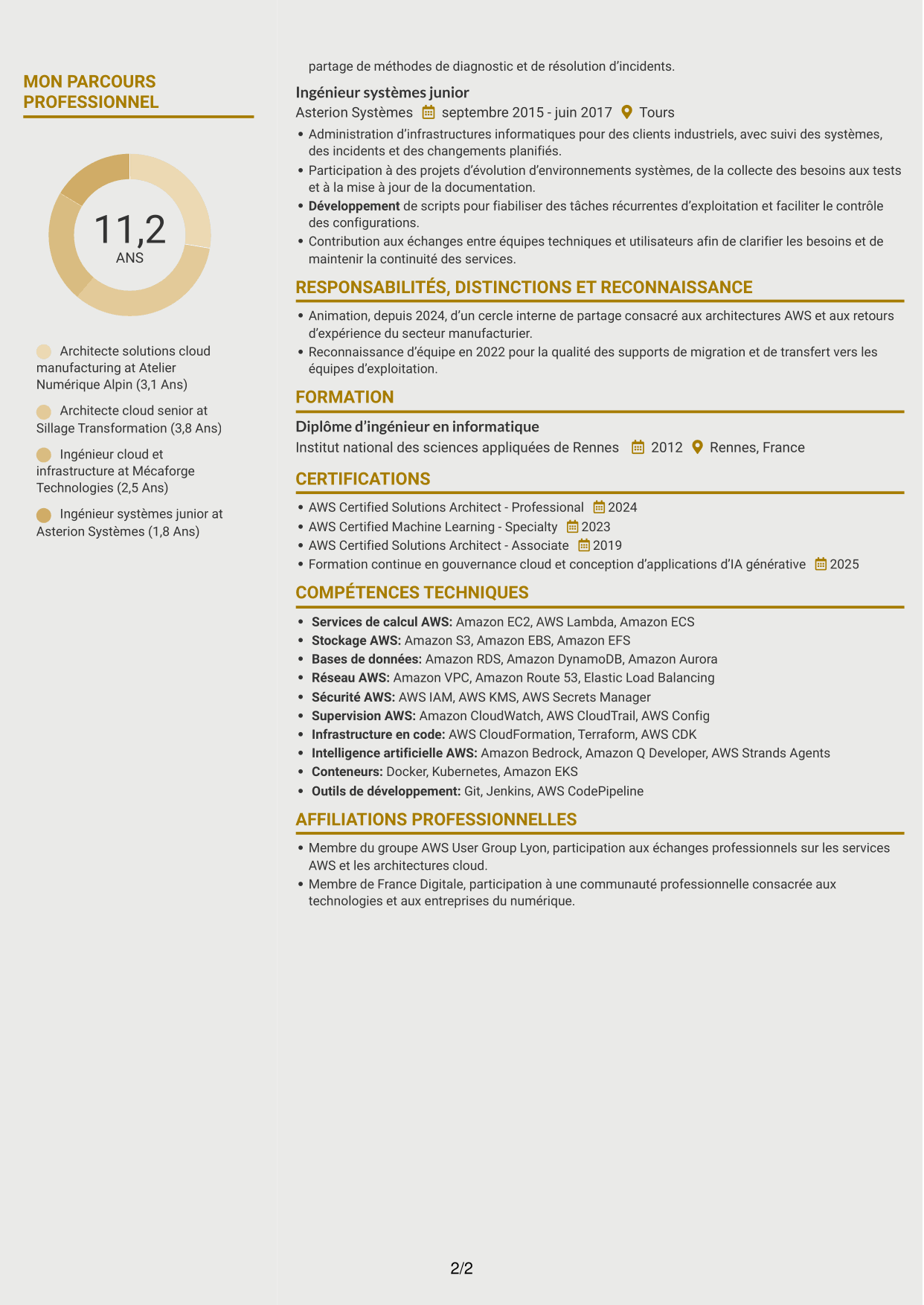 CV Dynamique (format à deux colonnes avec icônes) : Architecte solutions AWS - Manufacturing, page 2