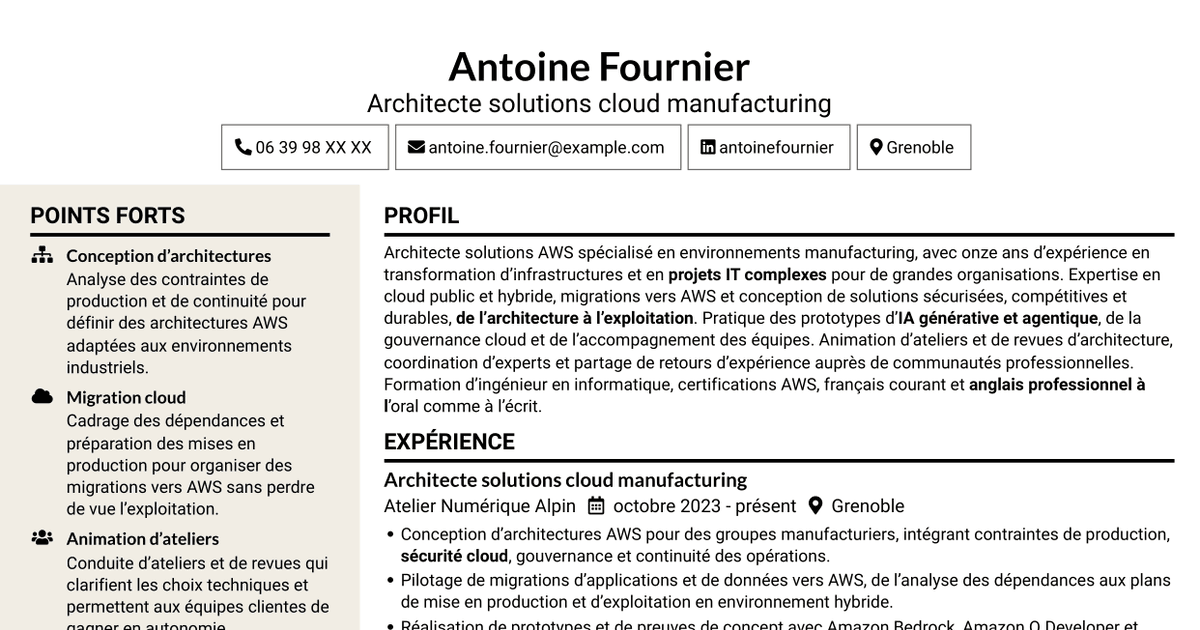 7 modèles de CV pour Architecte solutions AWS - Manufacturing, avec exemples