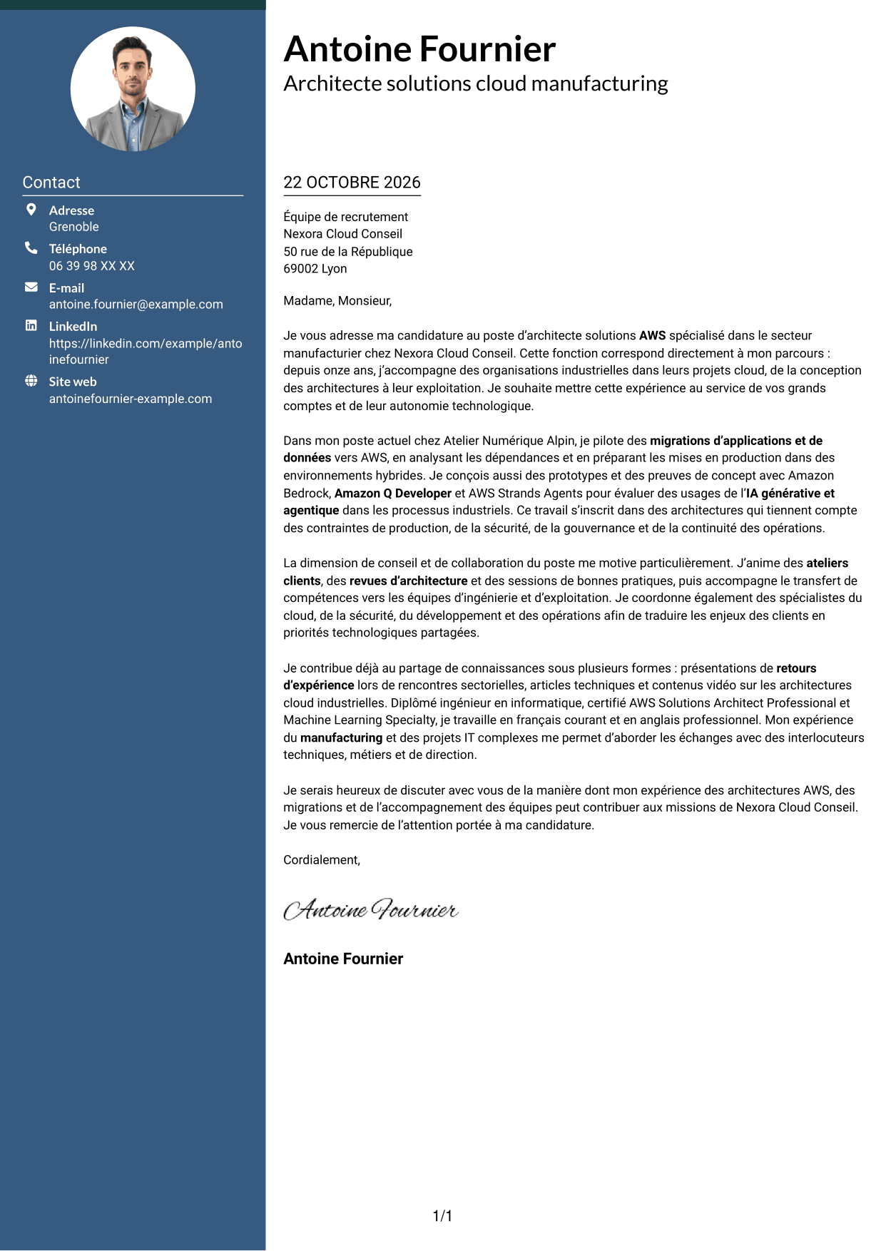 Lettre de motivation Élégant (format à colonne latérale colorée avec photo) : Architecte solutions AWS - Manufacturing, page 1