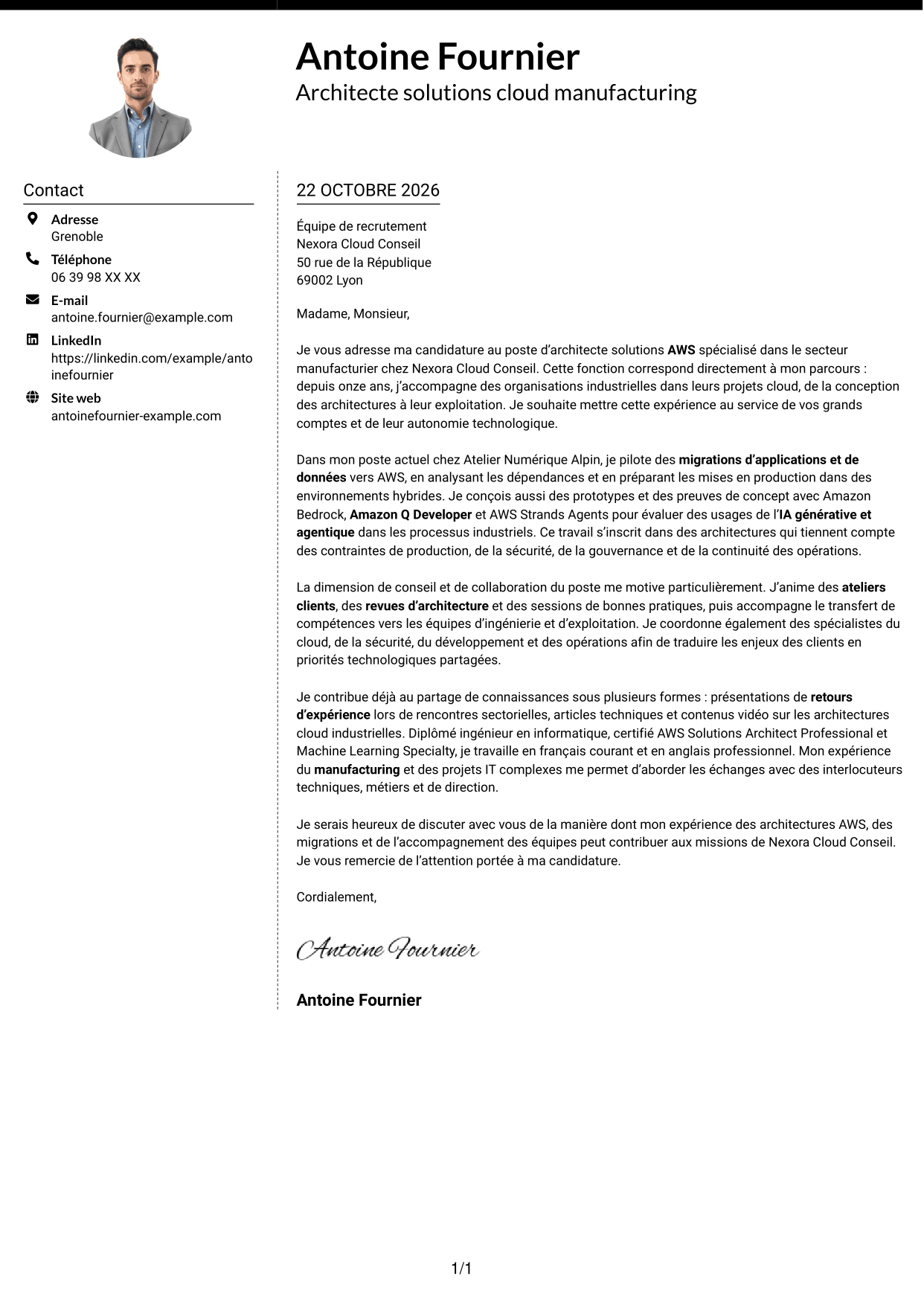 Lettre de motivation Moderne (format à deux colonnes avec photo à gauche et séparateur) : Architecte solutions AWS - Manufacturing, page 1