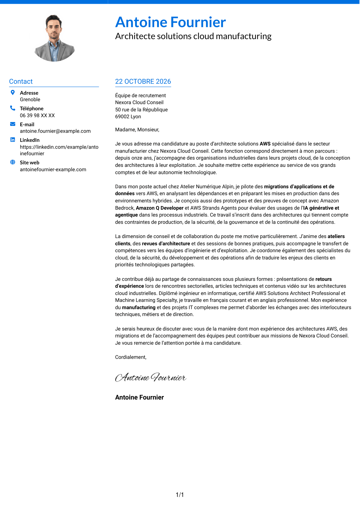 Lettre de motivation Audacieux (format à deux colonnes avec accents colorés et photo) : Architecte solutions AWS - Manufacturing, page 1