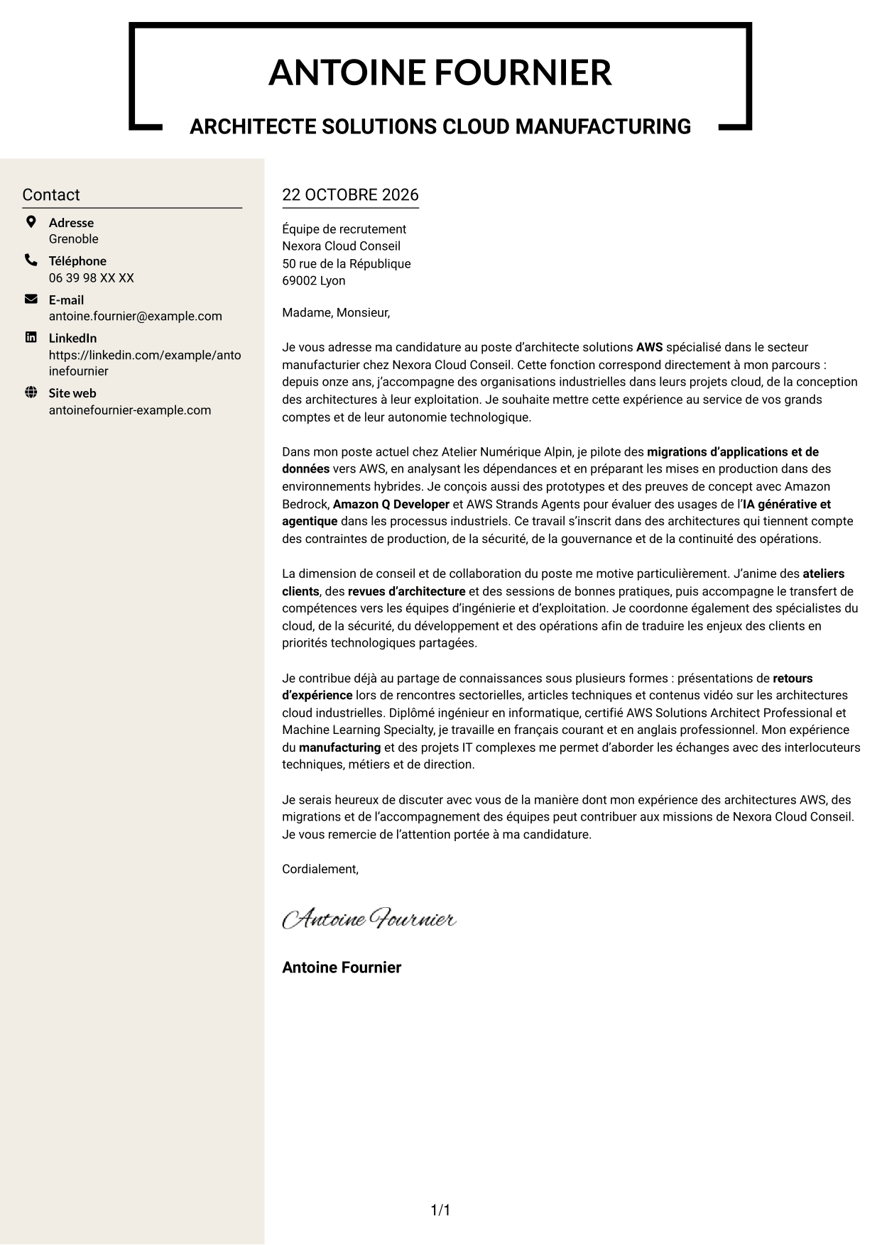 Lettre de motivation Fonceur (format à deux colonnes avec en-tête centré sans photo) : Architecte solutions AWS - Manufacturing, page 1