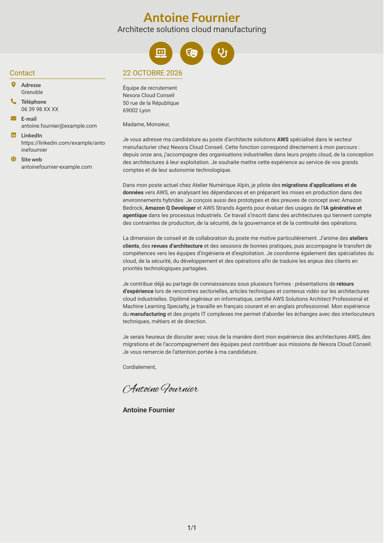 Lettre de motivation Dynamique (format à deux colonnes avec icônes) : Architecte solutions AWS - Manufacturing, page 1