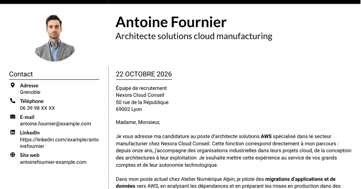 7 modèles de lettre de motivation pour Architecte solutions AWS - Manufacturing, avec exemples