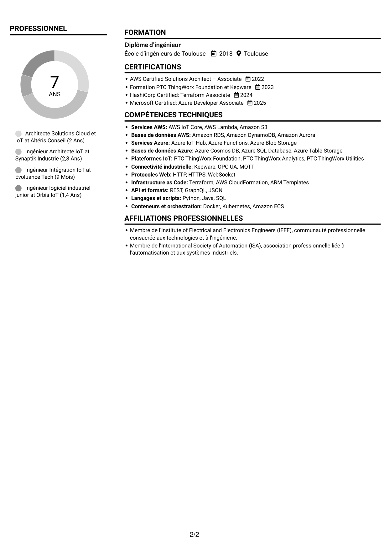 CV Compact (format sobre à deux colonnes avec photo) : Architecte Solutions Cloud & IoT industriel, page 2