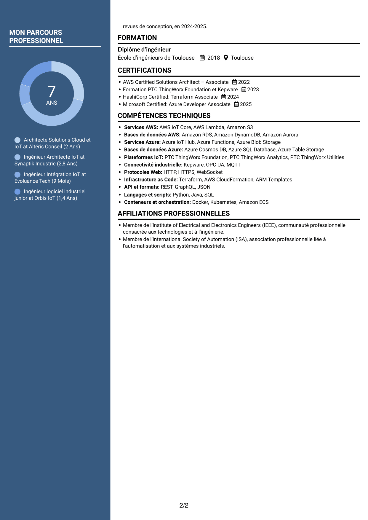 CV Élégant (format à colonne latérale colorée avec photo) : Architecte Solutions Cloud & IoT industriel, page 2