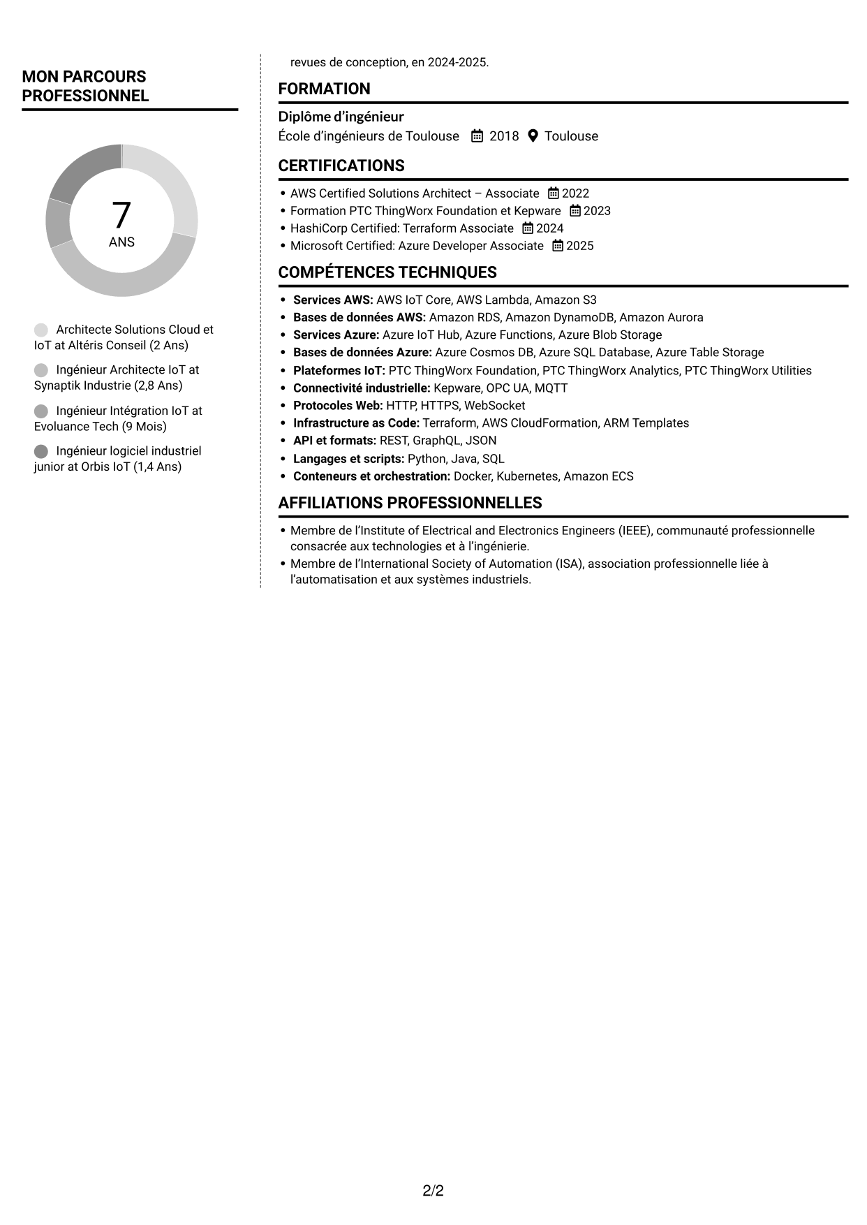 CV Moderne (format à deux colonnes avec photo à gauche et séparateur) : Architecte Solutions Cloud & IoT industriel, page 2
