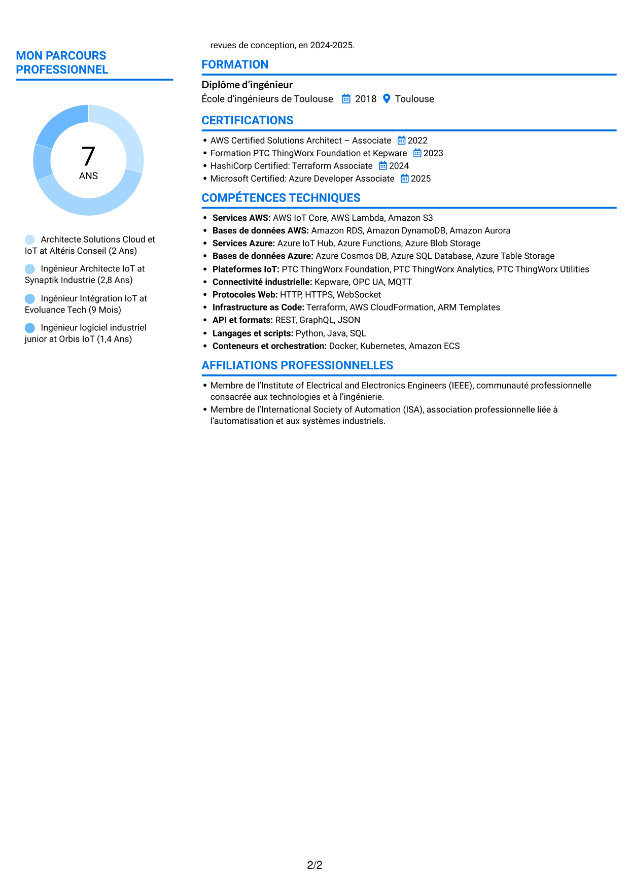 CV Audacieux (format à deux colonnes avec accents colorés et photo) : Architecte Solutions Cloud & IoT industriel, page 2